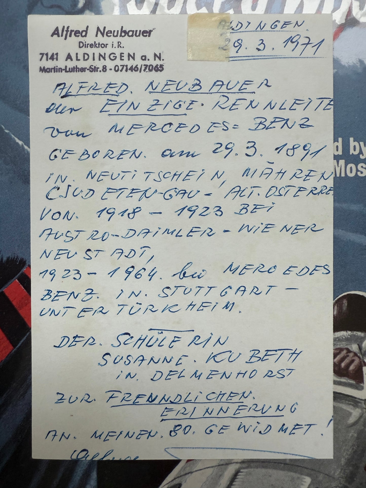 Alfred Neubauer Original Mercedes F1 Team Manager, Hand Signed Photo Presentation With UACC COA