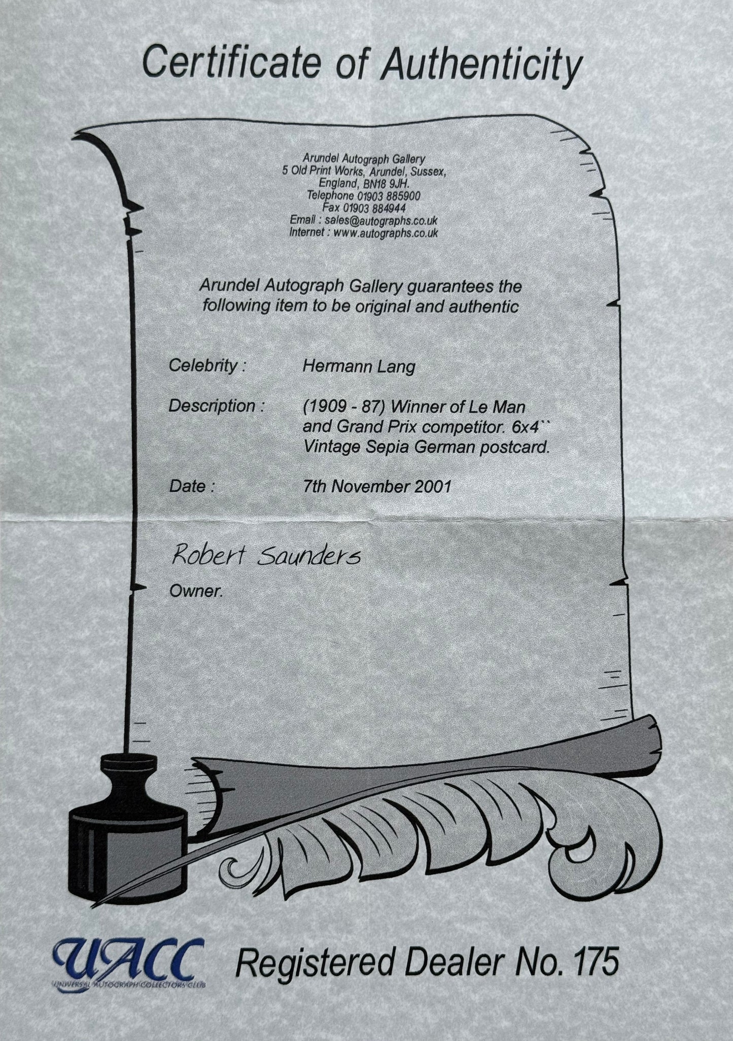 Hermann Lang Former Mercedes F1 Driver, Hand Signed Photo Presentation With UACC COA