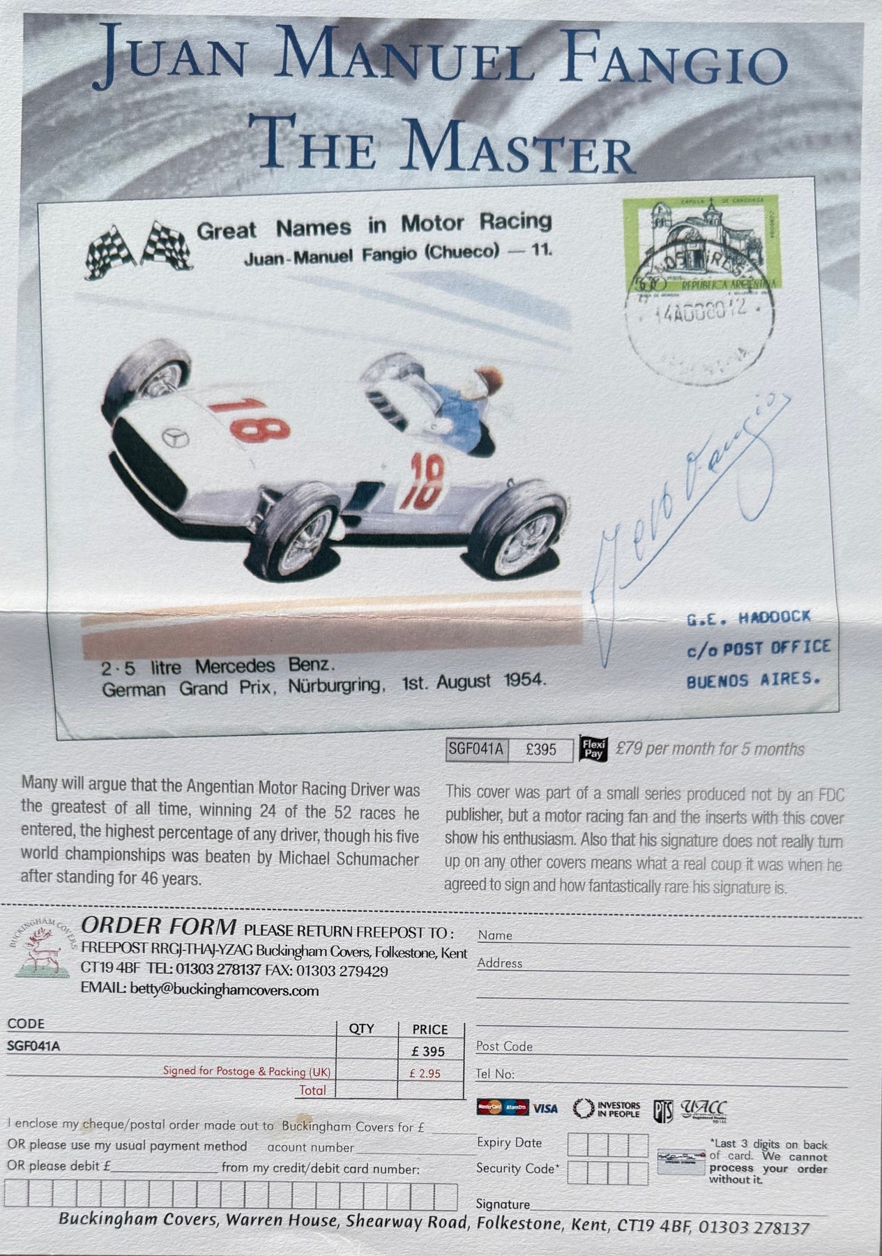 Juan Manuel Fangio, F1 Legend, Hand Signed First Day Cover Photo Presentation & COA