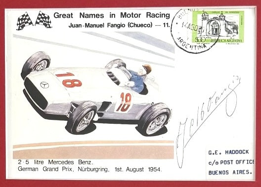 Juan Manuel Fangio, F1 Legend, Hand Signed First Day Cover Photo Presentation & COA