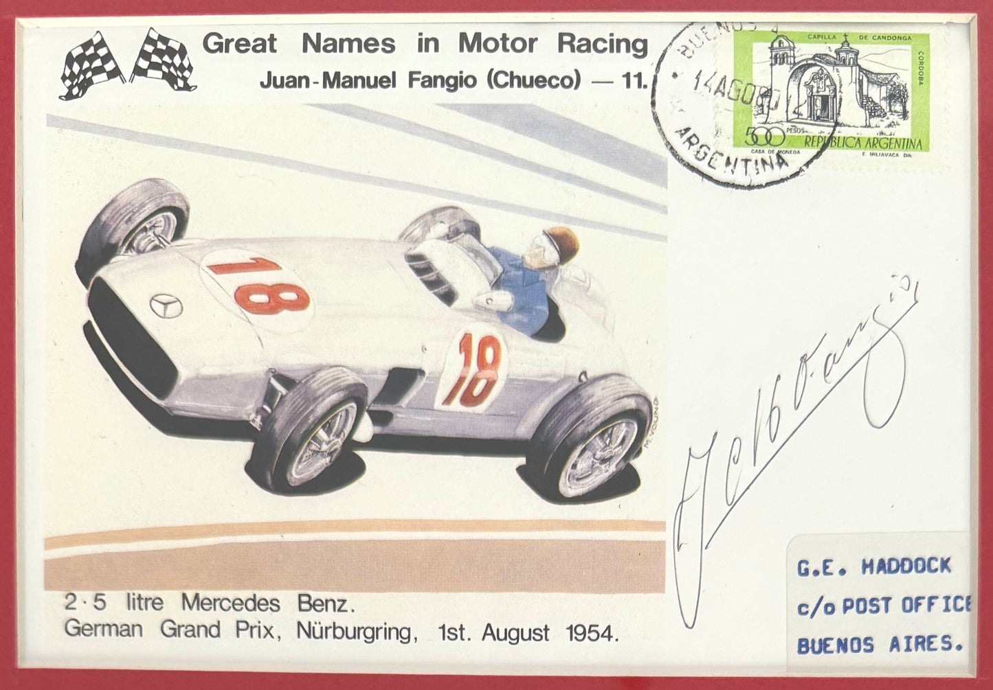 Juan Manuel Fangio, F1 Legend, Hand Signed First Day Cover Photo Presentation & COA