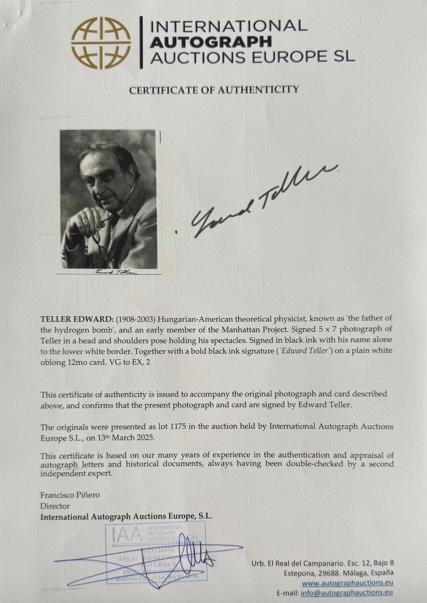 Edward Teller, Father Of The H-Bomb, Hand Signed Photo With COA