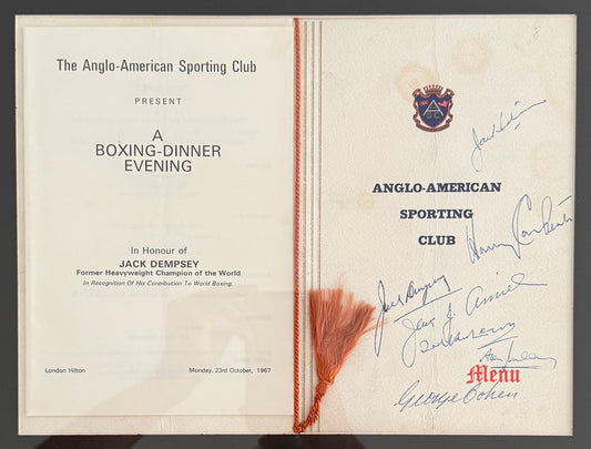 Jack Dempsey +6 Others, Hand Signed 1967 Menu Card With AFTAL COA