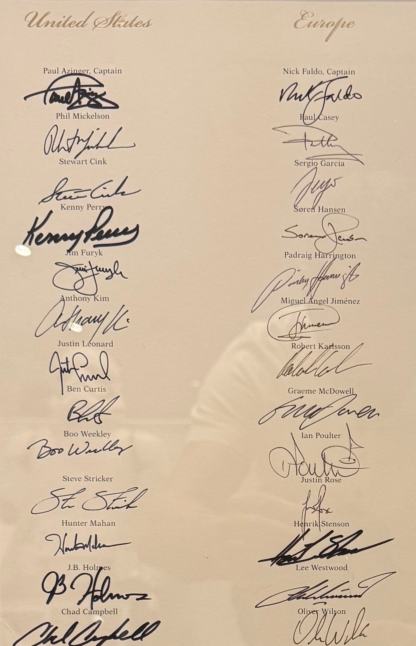 Ryder Cup 2008 Multiple Full Teams Hand Signed Welcome Dinner Menu, 50cm x 45cm Framed With COA