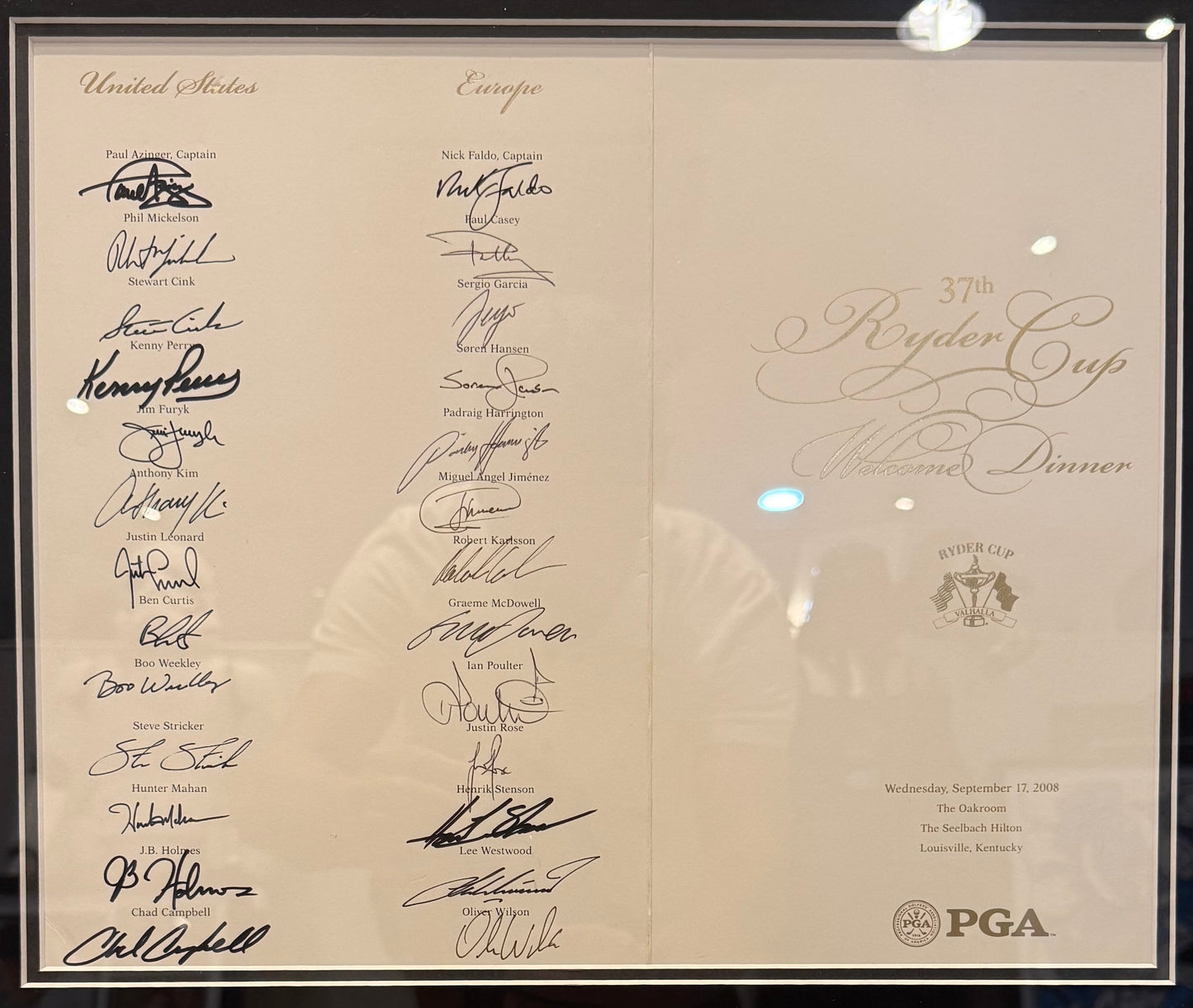 Ryder Cup 2008 Multiple Full Teams Hand Signed Welcome Dinner Menu, 50cm x 45cm Framed With COA