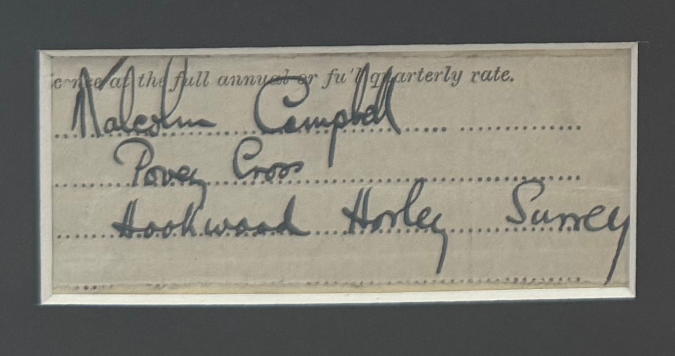 Sir Malcolm Campbell Former World Land Speed Record Holder. Hand Signed Card Presentation & COA