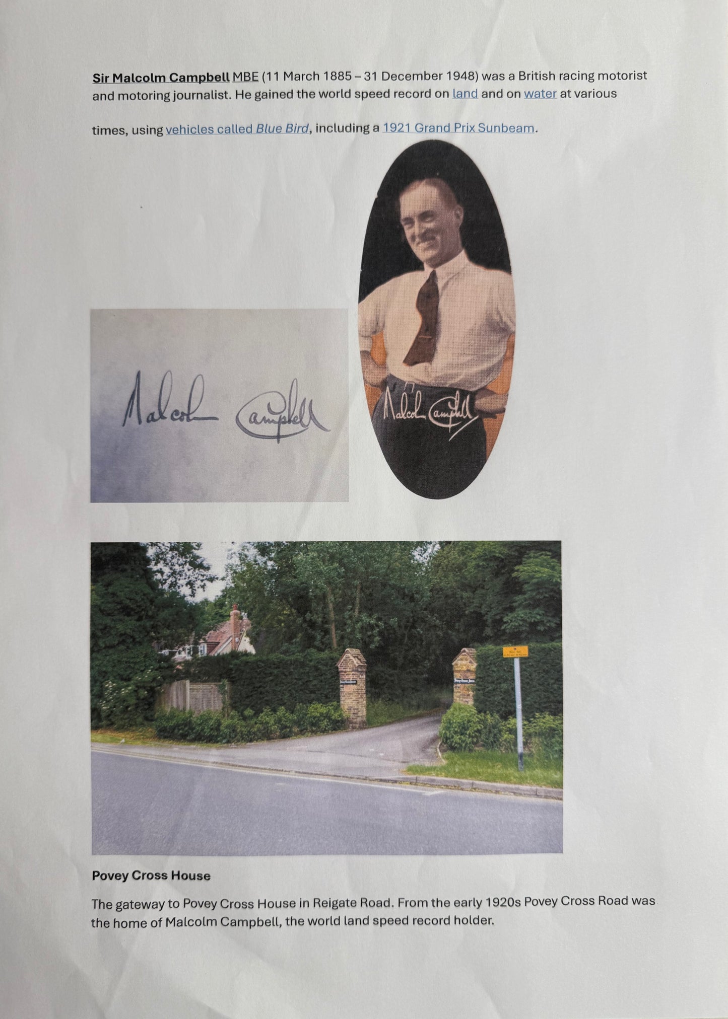 Sir Malcolm Campbell Former World Land Speed Record Holder. Hand Signed Card Presentation & COA