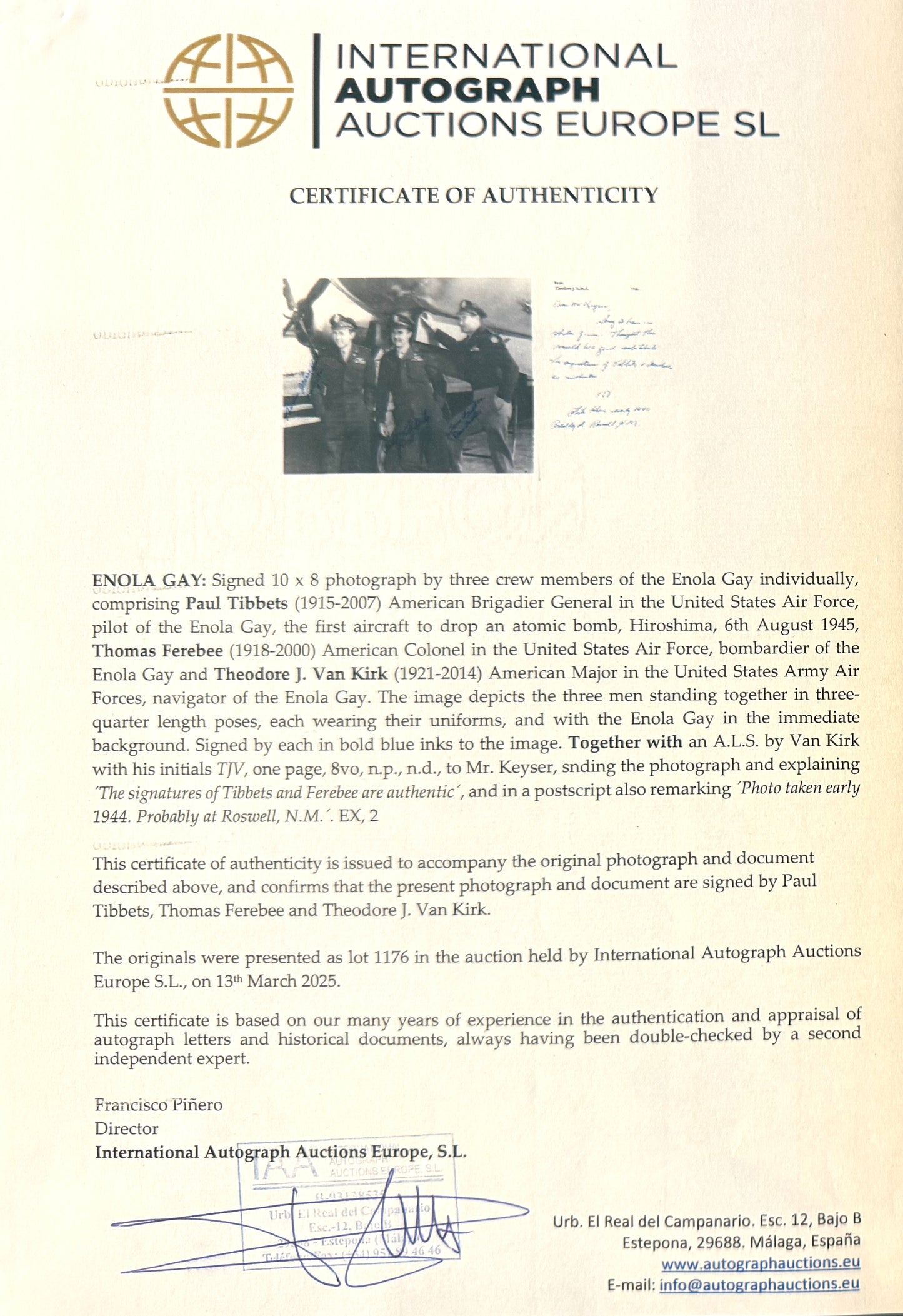 Enola Gay, 3 Crew Member Hand Signed Photo Presentation PLUS Hand Written And Signed Letter & COA