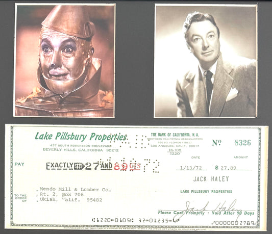Jack Haley, 'Tin Man' Wizard of Oz, Hand Signed Cheque Presentation & COA
