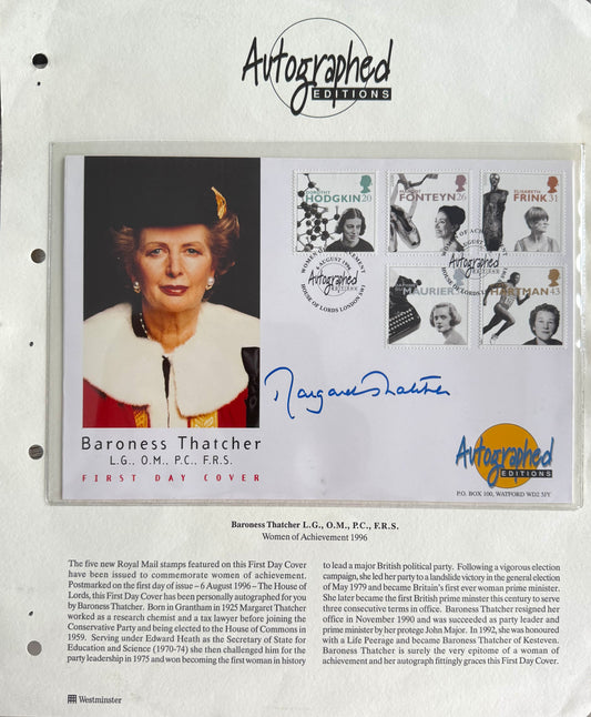 Margaret Thatcher British Prime Minister Hand Signed FDC Card Presentation & COA