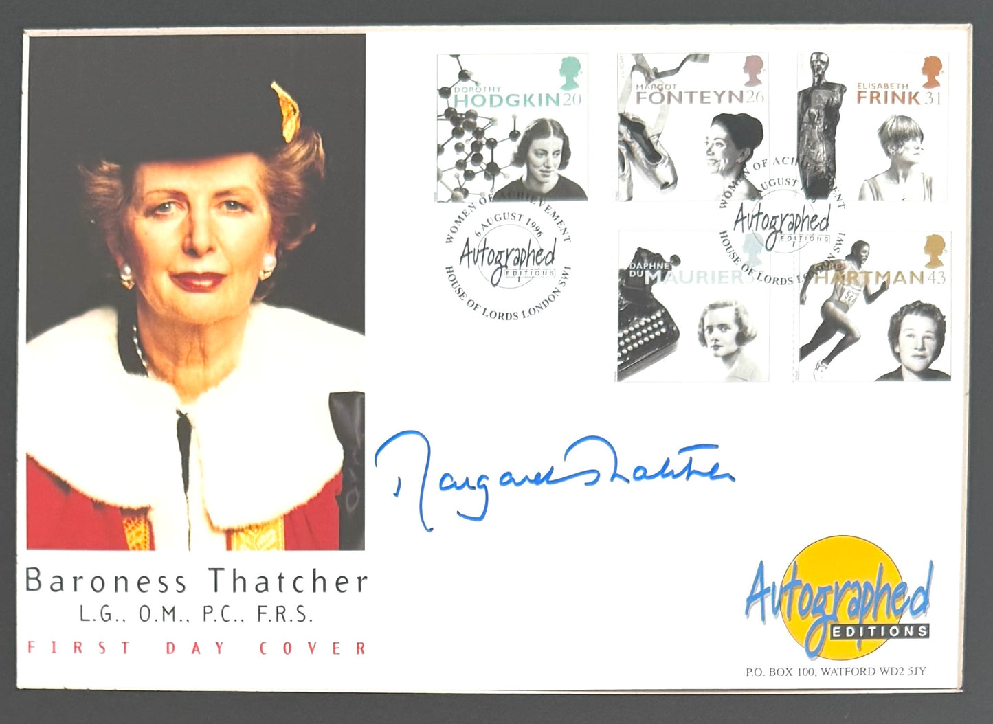 Margaret Thatcher British Prime Minister Hand Signed FDC Card Presentation & COA
