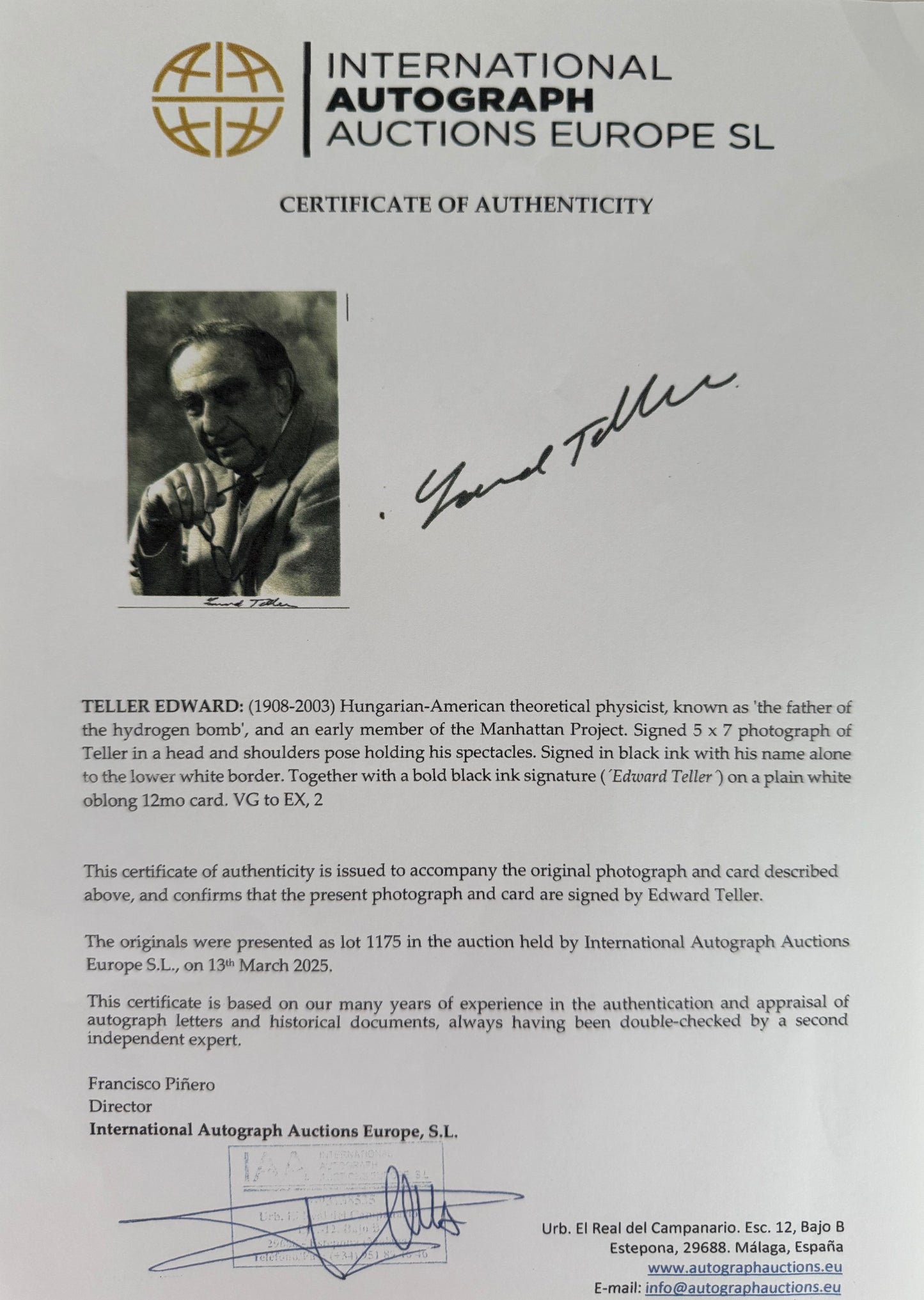 Edward Teller, Father Of The H-Bomb, Hand Signed Card Photo Presentation & IAAE COA