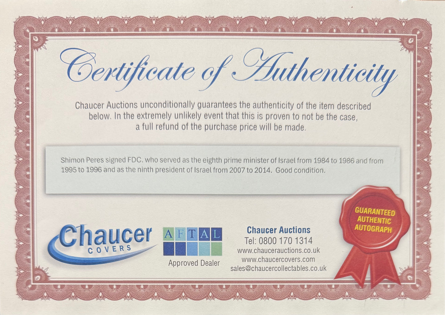 Shimon Perez, Former Israeli Prime Minister, Hand Signed FDC Presentation & AFTAL COA