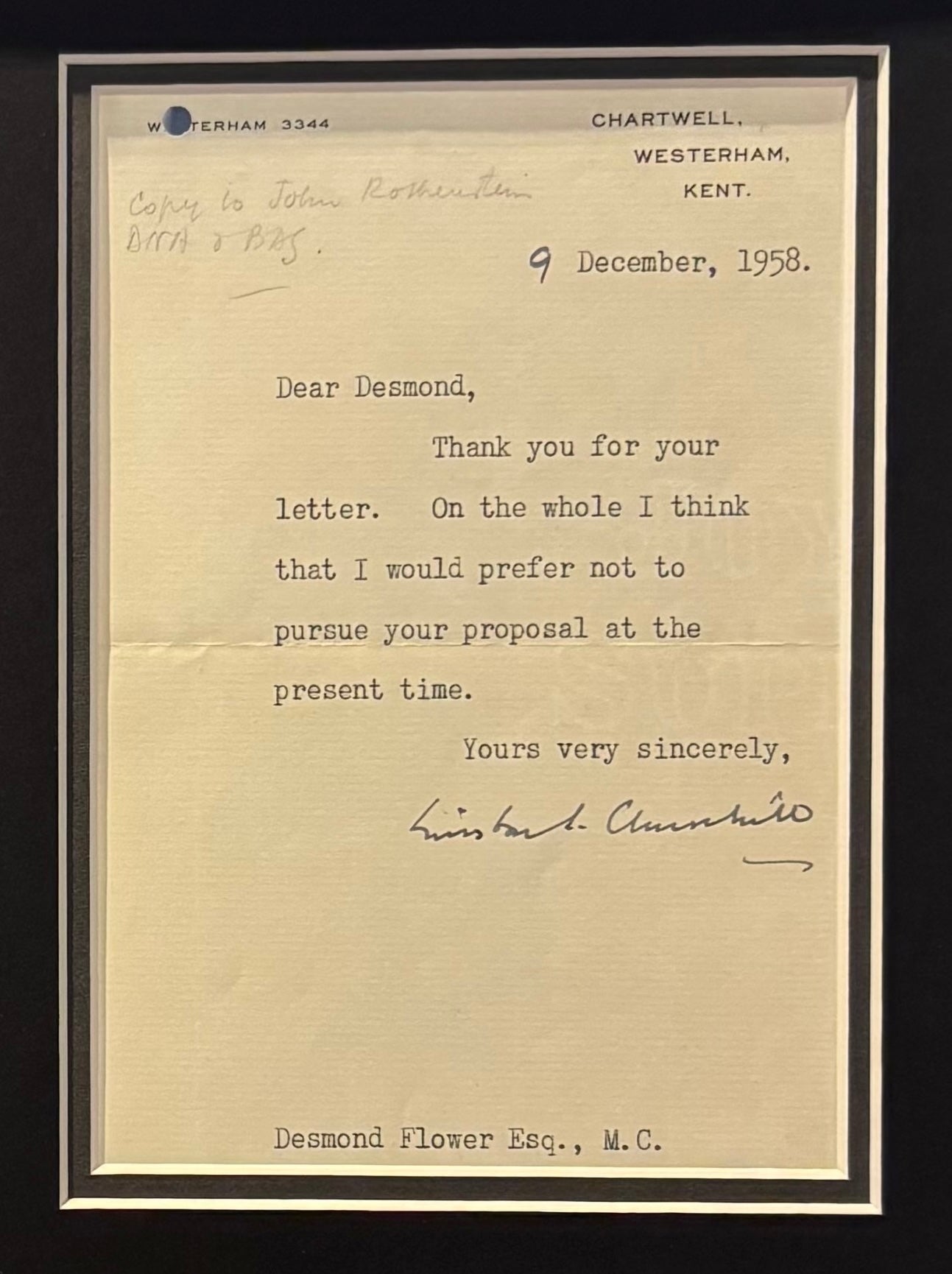 Sir Winston Churchill, Former British Prime Minister, Hand Signed Letter With COA