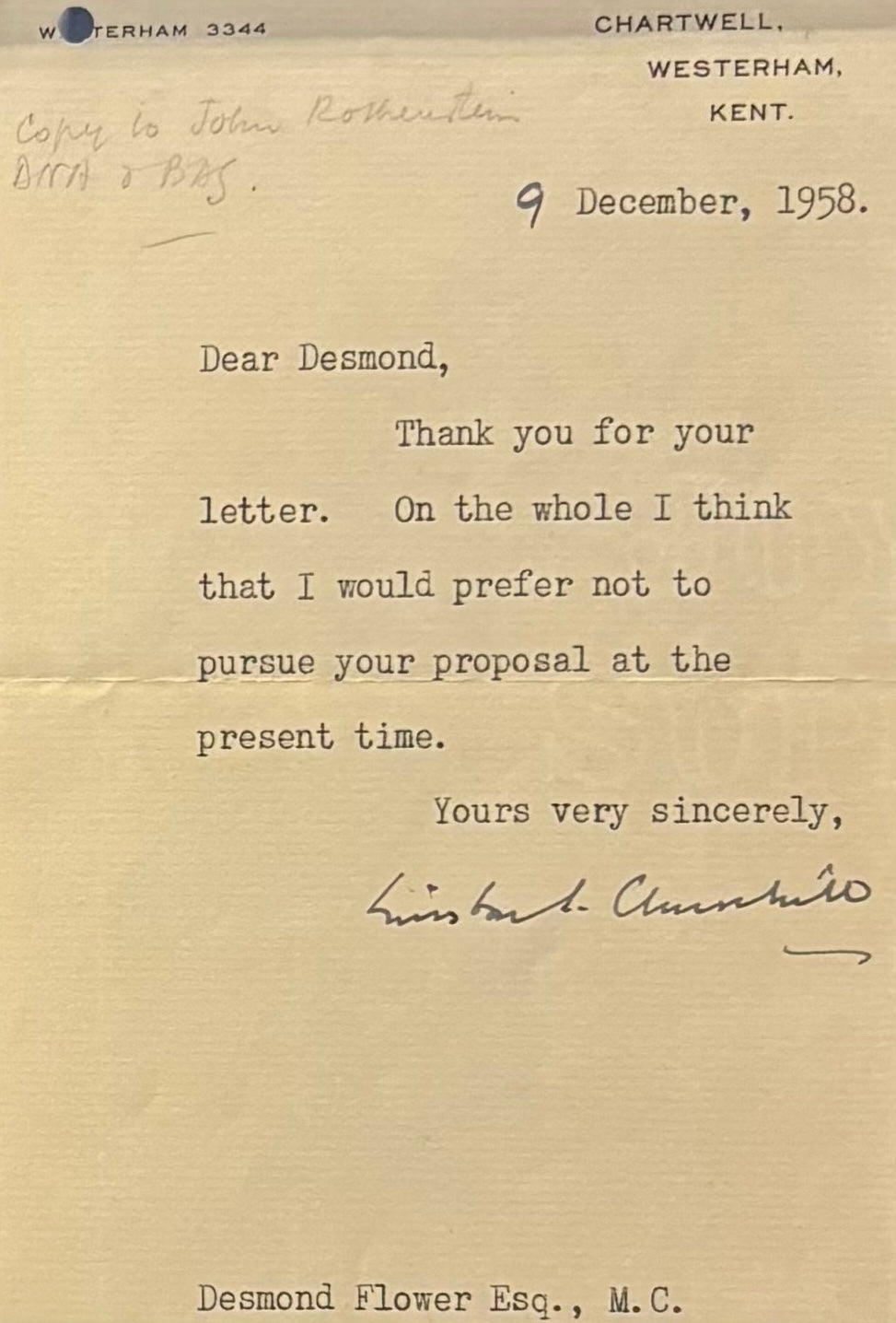 Sir Winston Churchill, Former British Prime Minister, Hand Signed Letter With COA