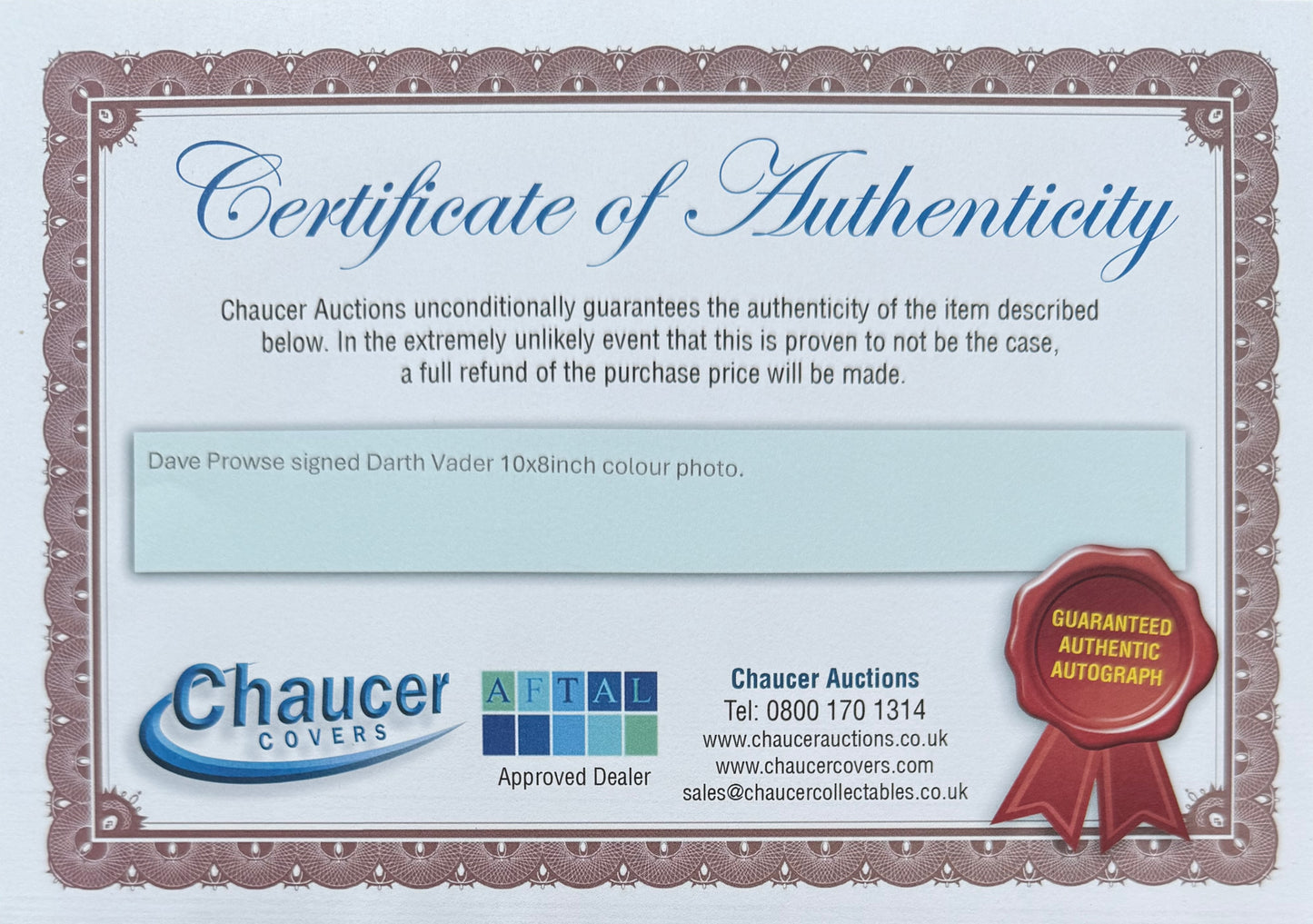 Dave Prowse, Star Wars Darth Vader, Hand Signed Photo & AFTAL Member COA