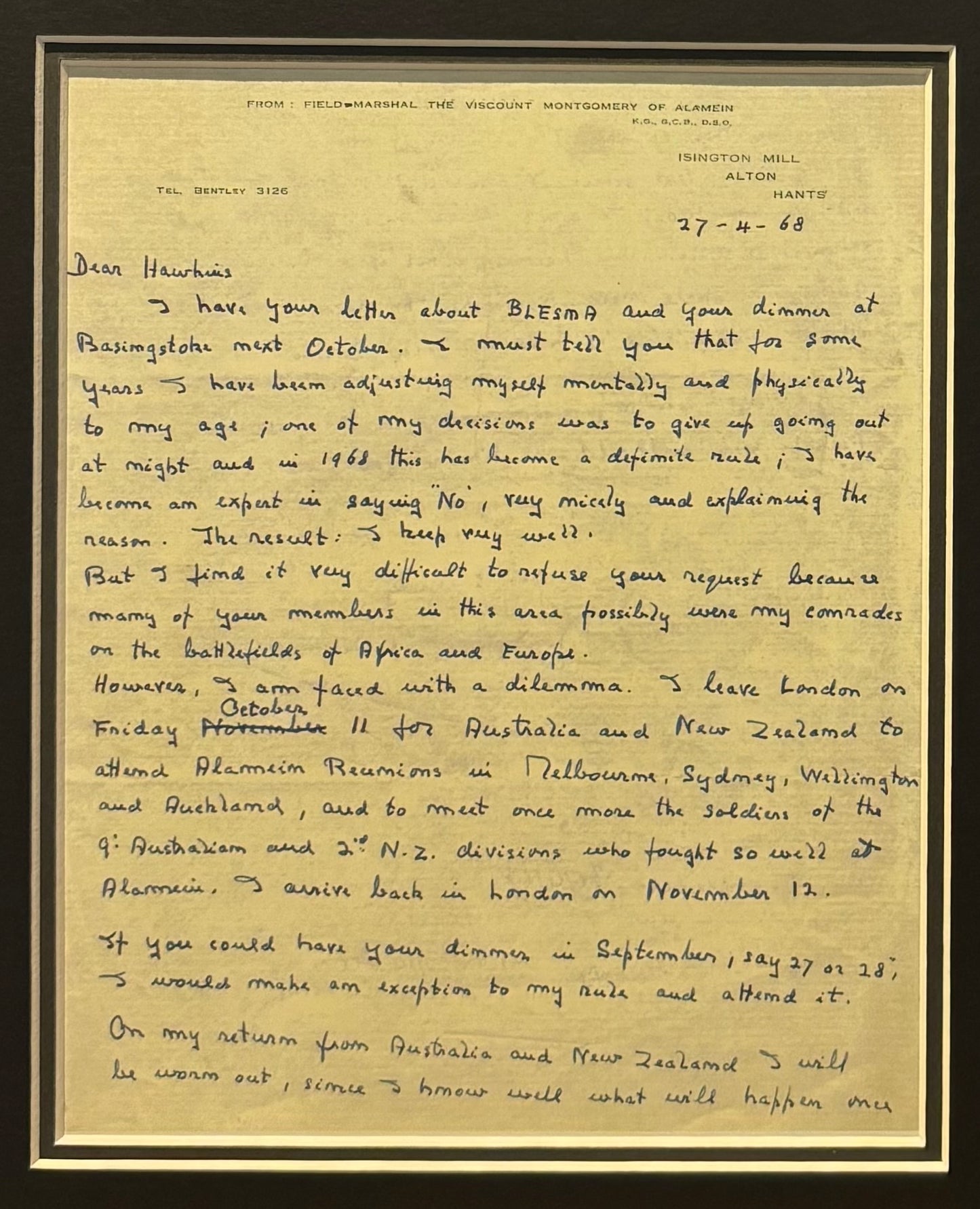 Viscount Montgomery of Alamein, 'Monty' Hand Signed Letter Presentation & COA