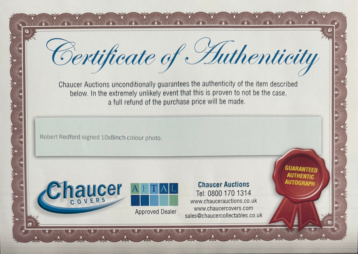 Robert Redford, Hand Signed Framed 33x28cm Presentation & AFTAL Member COA