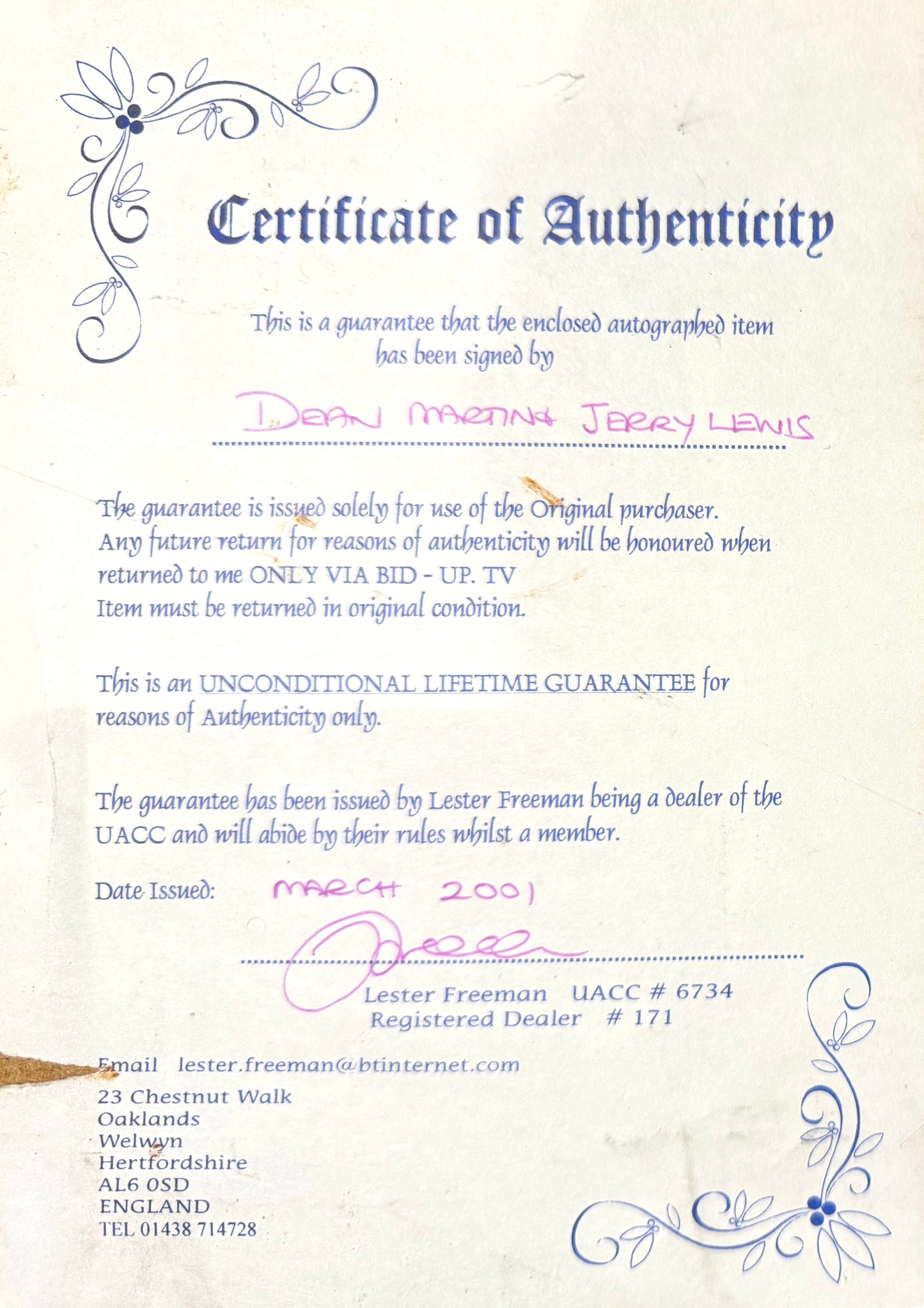 Dean Martin, Jerry Lewis, Guaranteed Hand Signed Framed Card Presentation With COA