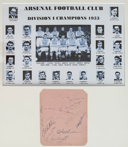 Arsenal FC 1953 Multi-Hand Signed Card Presentation (35cm x 25cm) With COA