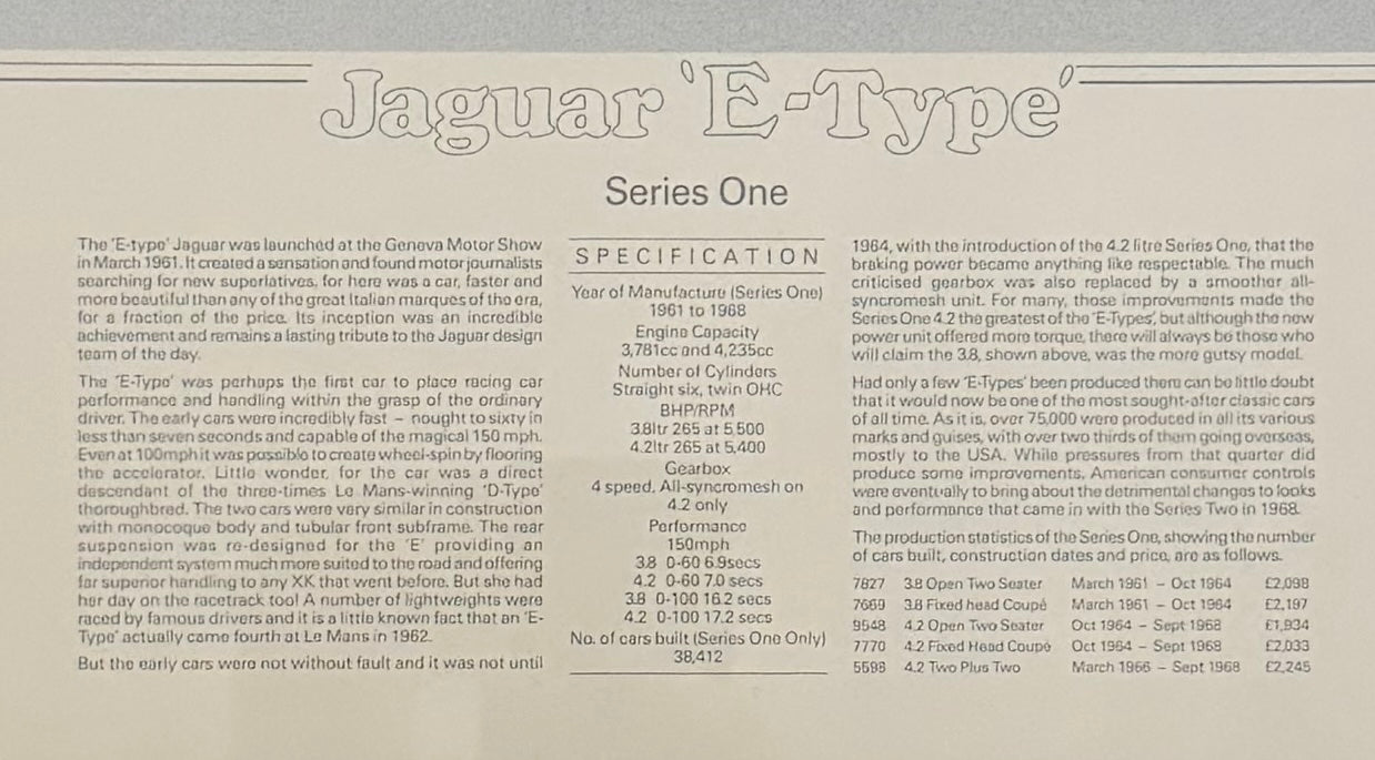 Stirling Moss, Hand Signed Limited Edition Jaguar E-Type Drawing & COA