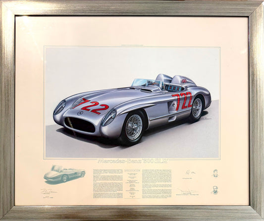 Stirling Moss, Hand Signed Limited Edition 1955 Mercedes Benz 300SLR Drawing & COA