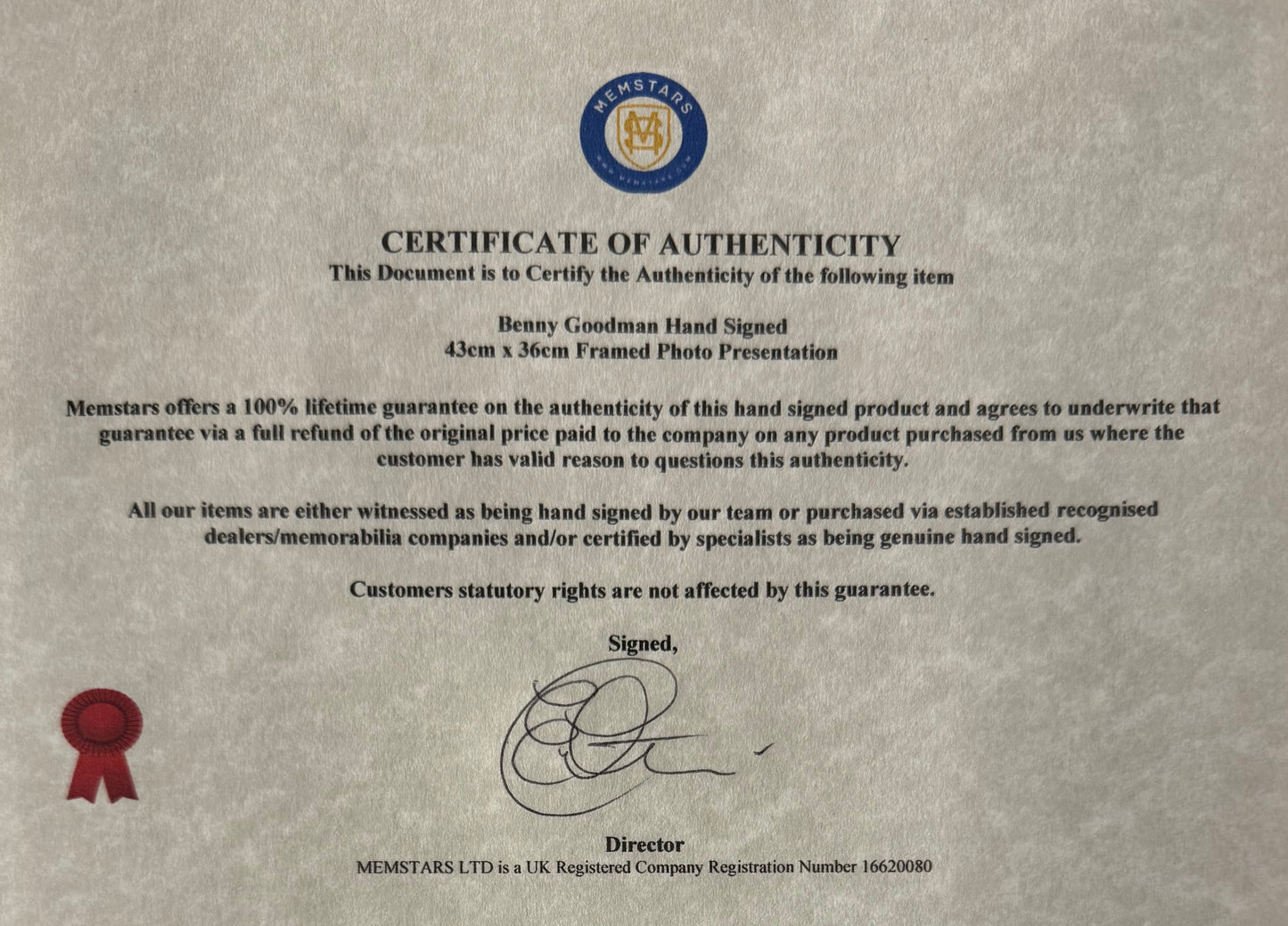 Benny Goodman, Swing Era Musician, Hand Signed Framed 43cm x 36cm Photo Presentation & COA