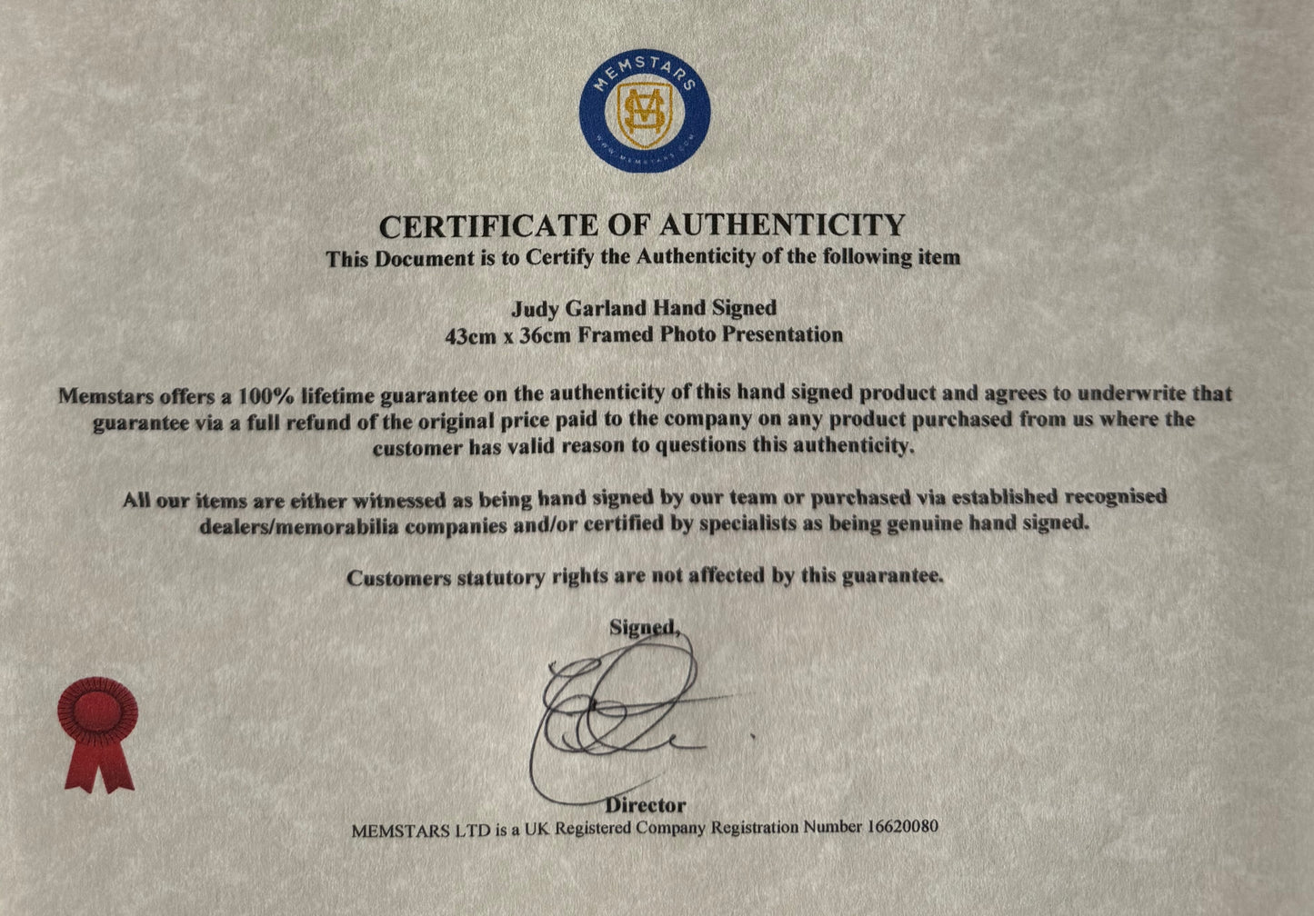 Judy Garland, 'Wizard of Oz' Oscar Winning Actress, Hand Signed Photo & COA