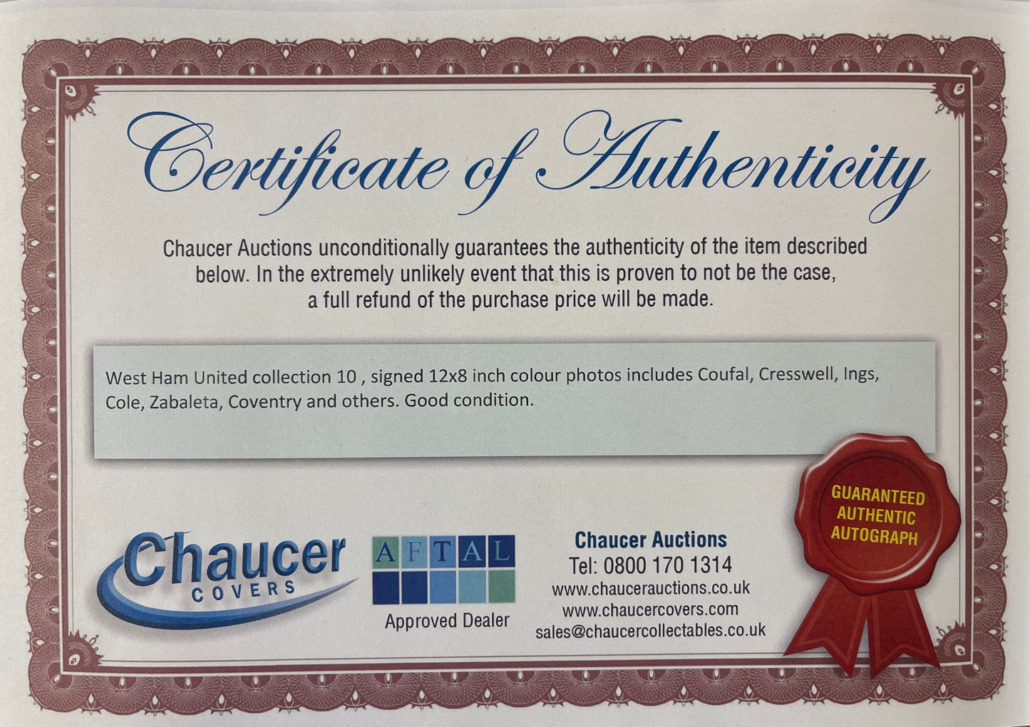 PABLO ZABALETA WEST HAM UNITED HAND SIGNED PHOTO WITH AFTAL COA