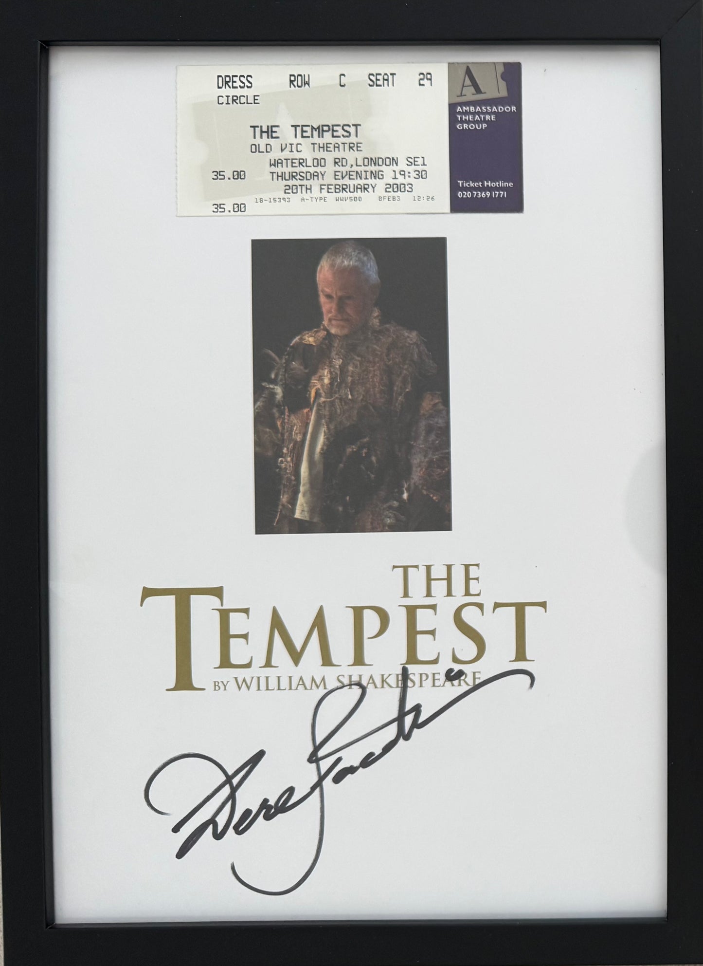 Sir Derek Jacobi, Hand Signed 'The Tempest' Theatre Programme With COA
