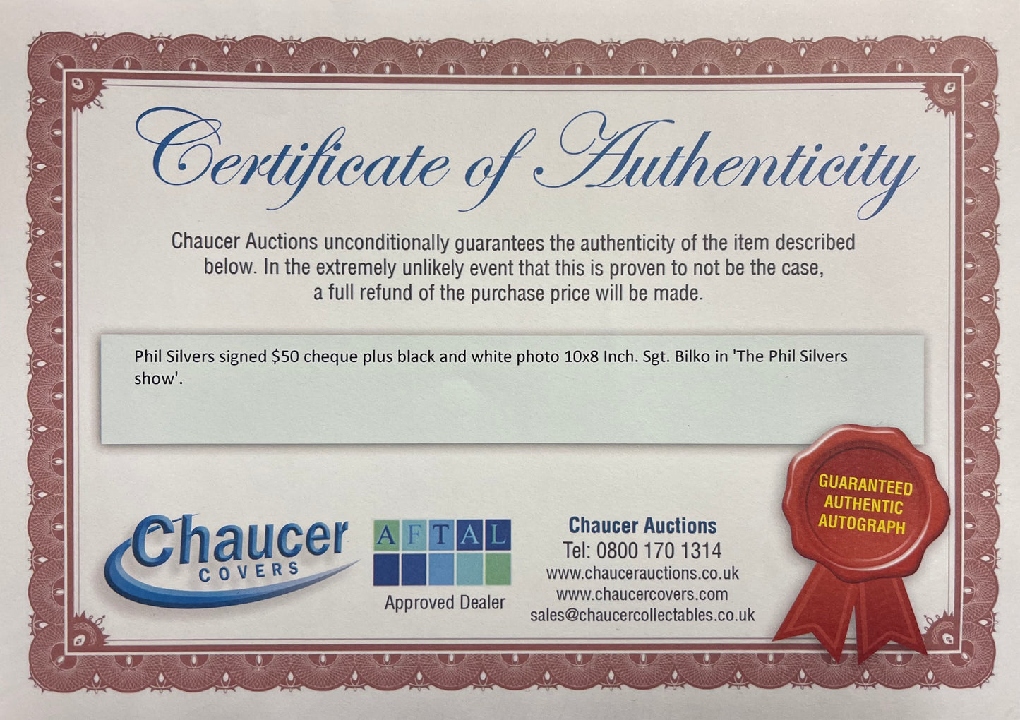 PHIL SILVER HAND SIGNED FRAMED CHEQUE PRESENTATION WITH COA