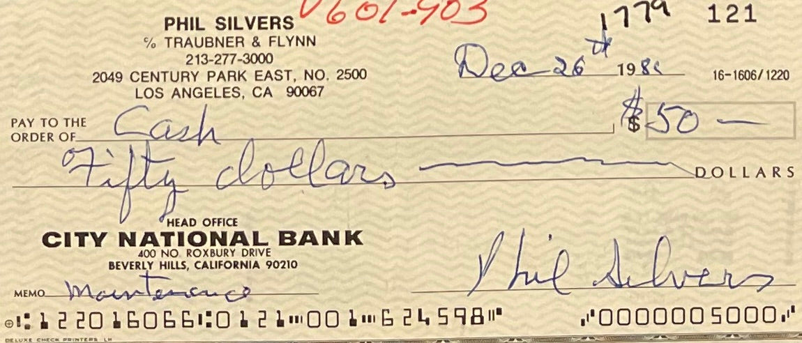 PHIL SILVER HAND SIGNED FRAMED CHEQUE PRESENTATION WITH COA