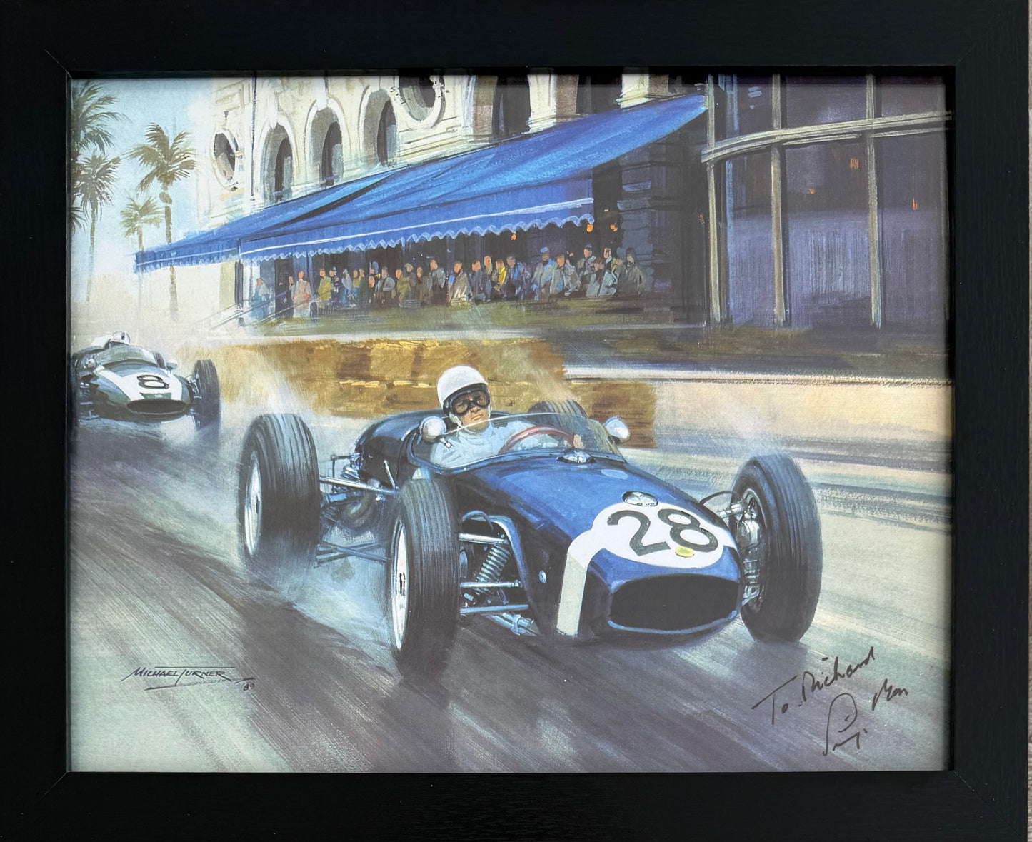 Sir Stirling Moss Hand Signed Framed 25cm x 20cm Michael Turner Print With COA