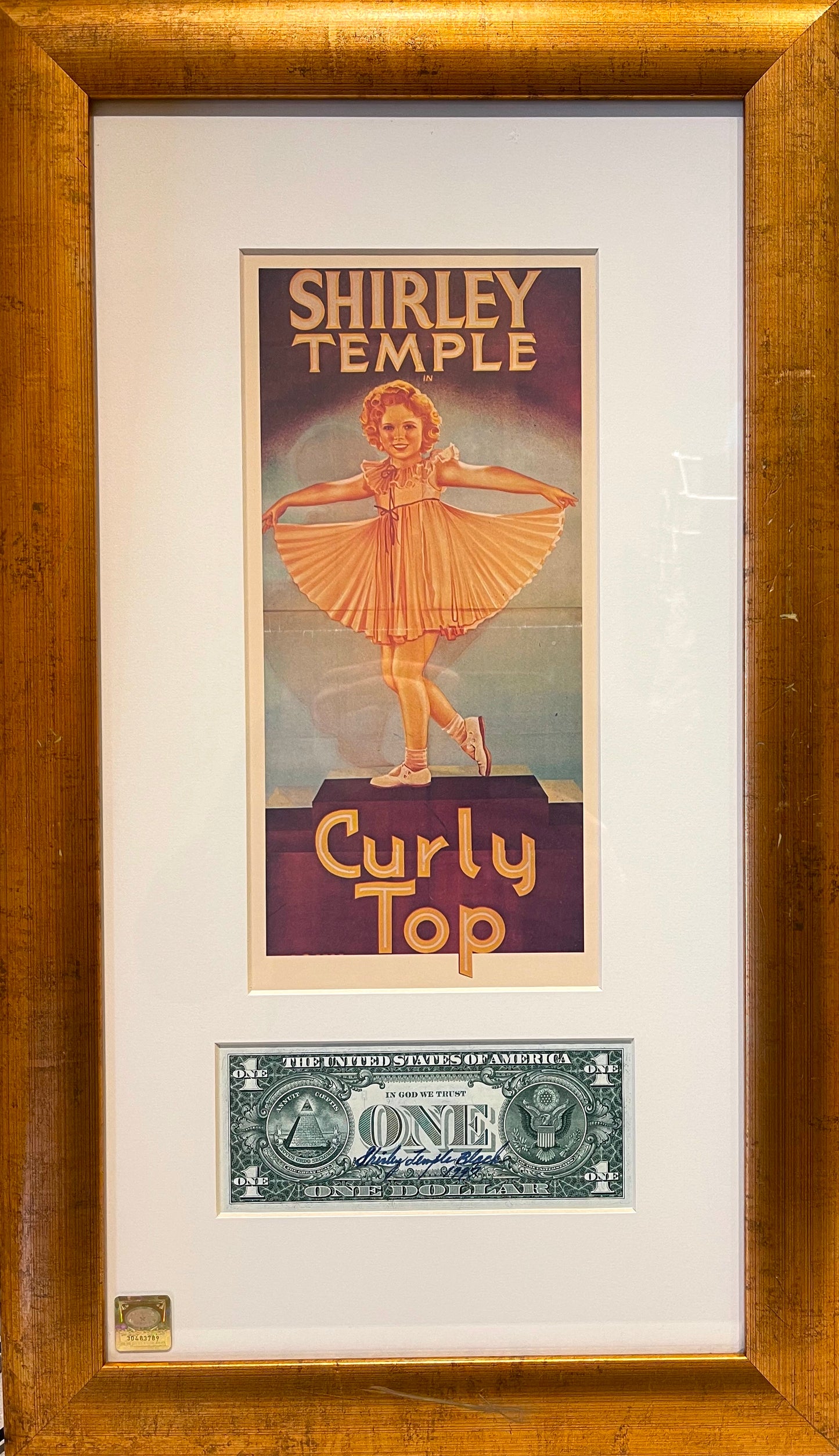 SHIRLEY TEMPLE HAND SIGNED DOLLAR BILL PRESENTATION 50cm X 30cm WITH COA
