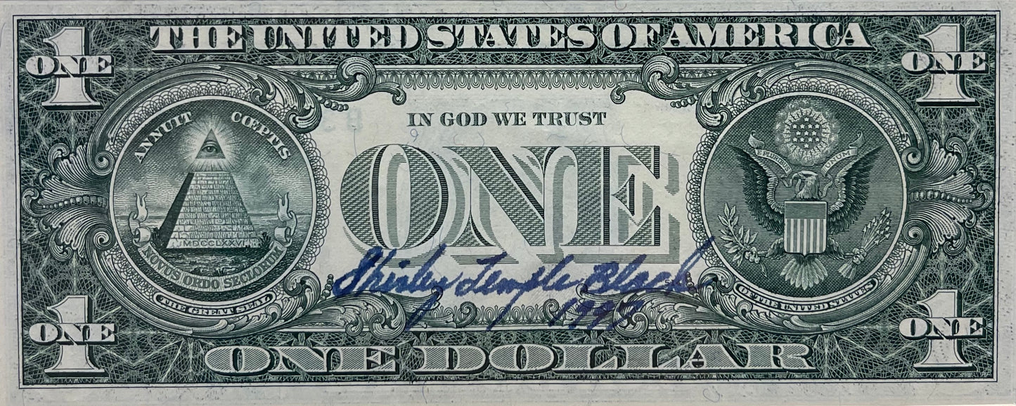 SHIRLEY TEMPLE HAND SIGNED DOLLAR BILL PRESENTATION 50cm X 30cm WITH COA