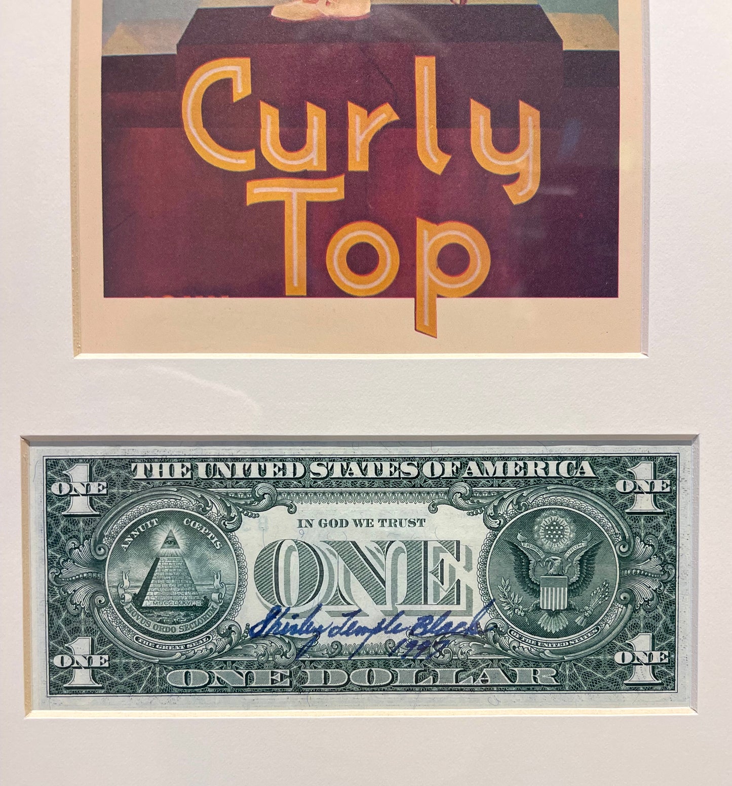 SHIRLEY TEMPLE HAND SIGNED DOLLAR BILL PRESENTATION 50cm X 30cm WITH COA