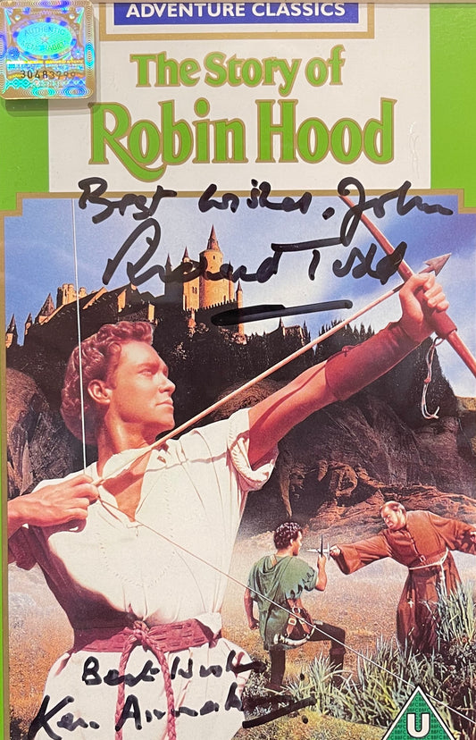 RICHARD TODD, KEN ANNAKIN, HAND SIGNED ROBIN HOOD VIDEO COVER WITH COA
