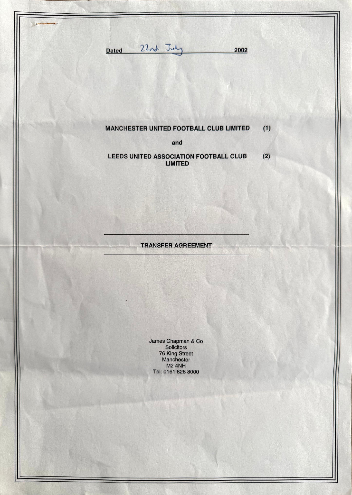 Rio Ferdinand; Leeds To Manchester United, The ORIGINAL 2002 Transfer Contract & COA