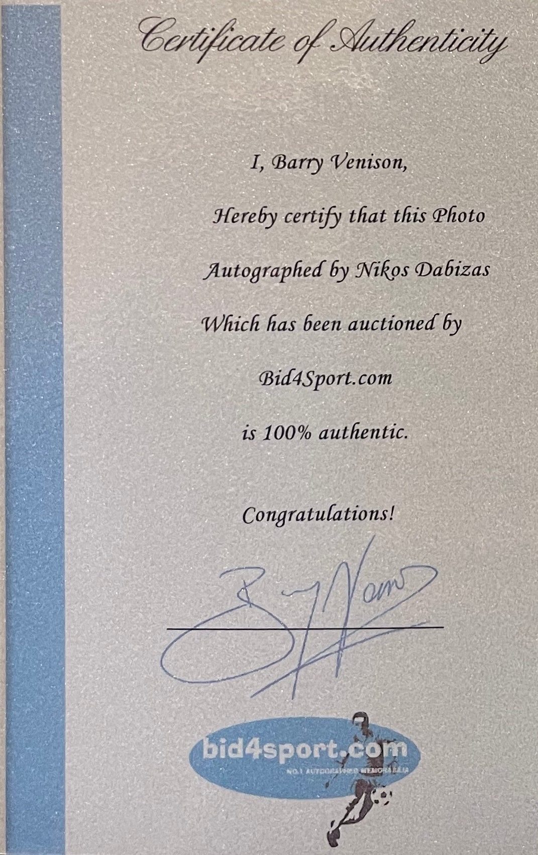 NIKOS DABIZAS NEWCASTLE UNITED HAND SIGNED PHOTO WITH BARRY VENISON SIGNED COA