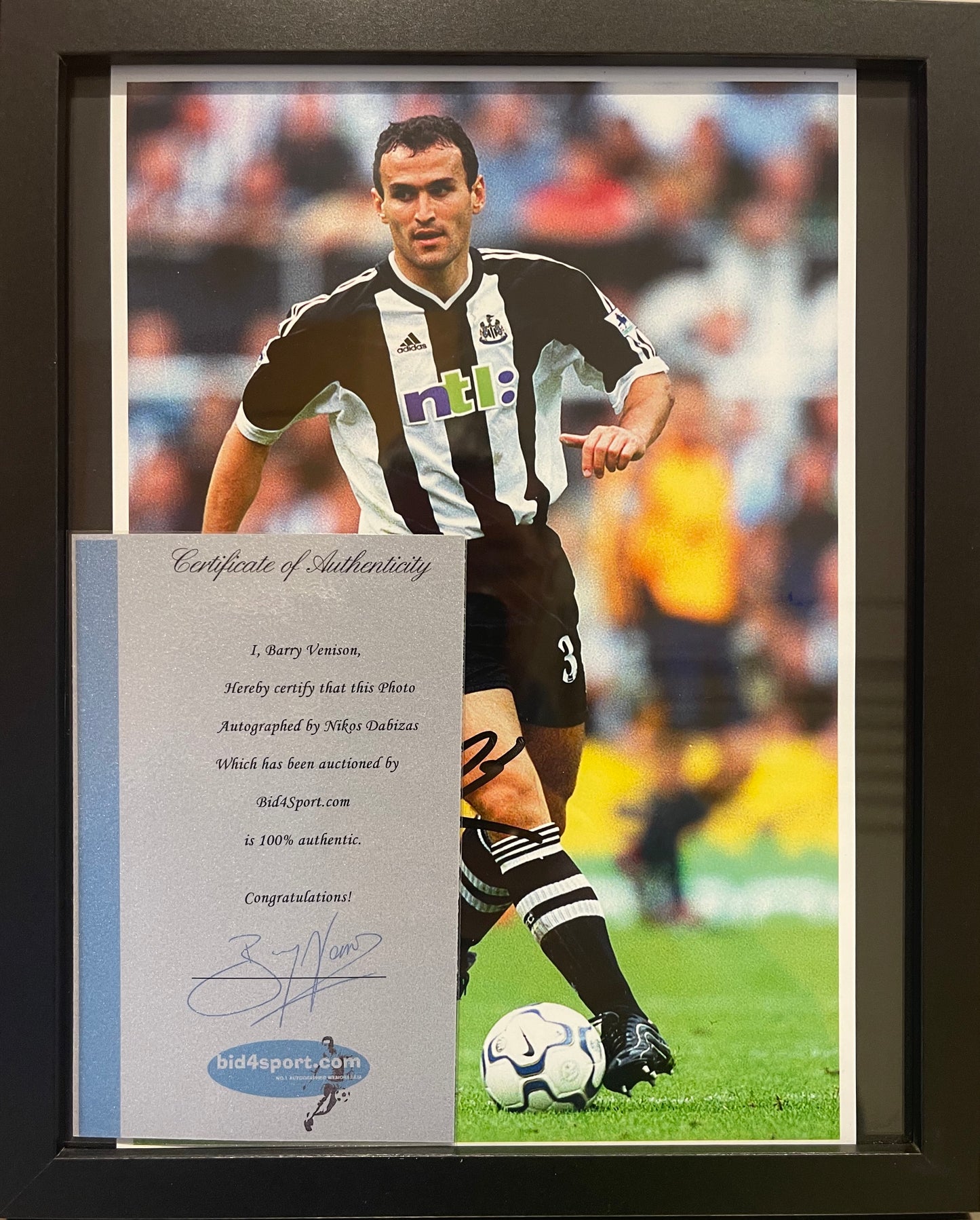 NIKOS DABIZAS NEWCASTLE UNITED HAND SIGNED PHOTO WITH BARRY VENISON SIGNED COA