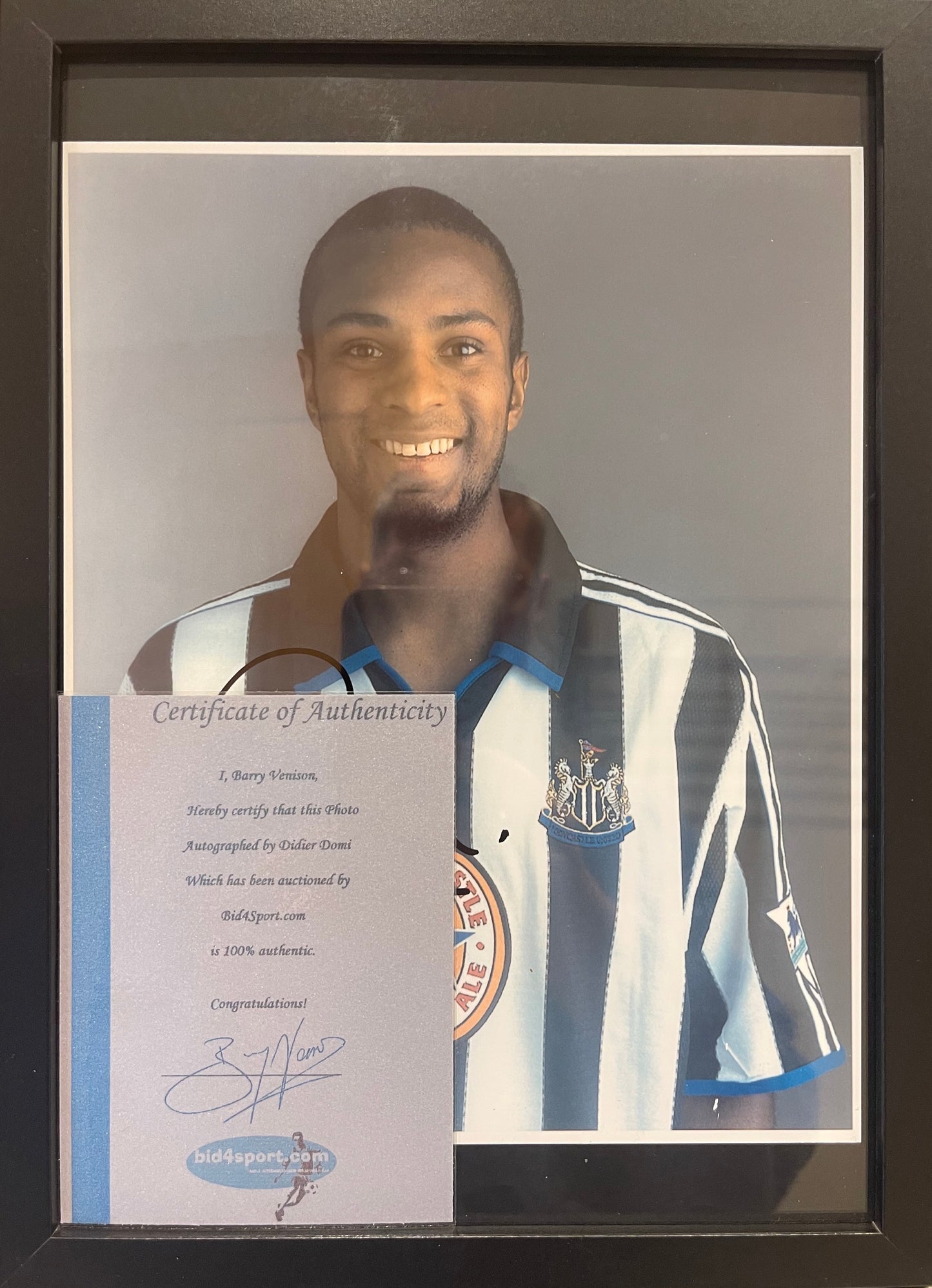 DIDIER DOMI NEWCASTLE UNITED HAND SIGNED PHOTO WITH BARRY VENISON HAND SIGNED COA