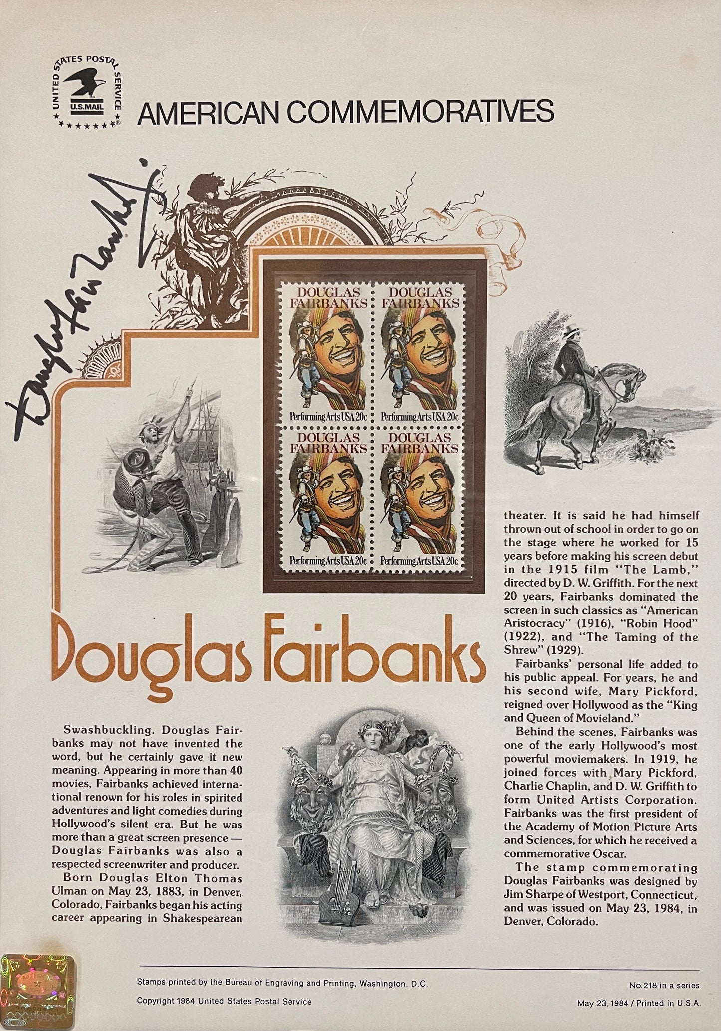 DOUGLAS FAIRBANKS JUNIOR FRAMED STAMP PRESENTATION WITH COA