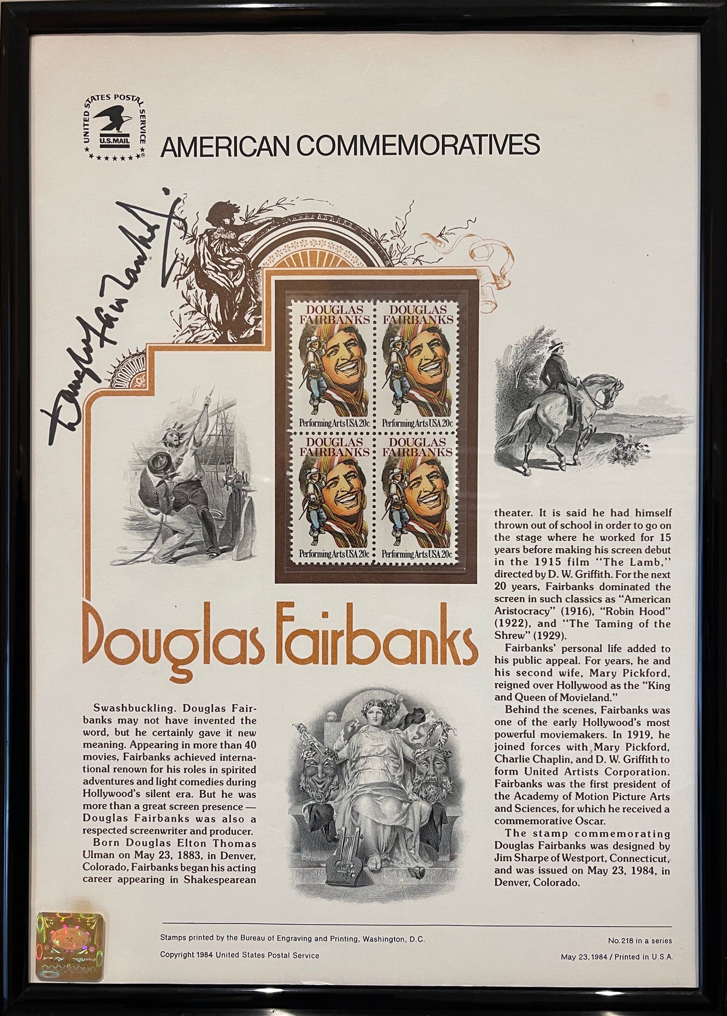 DOUGLAS FAIRBANKS JUNIOR FRAMED STAMP PRESENTATION WITH COA