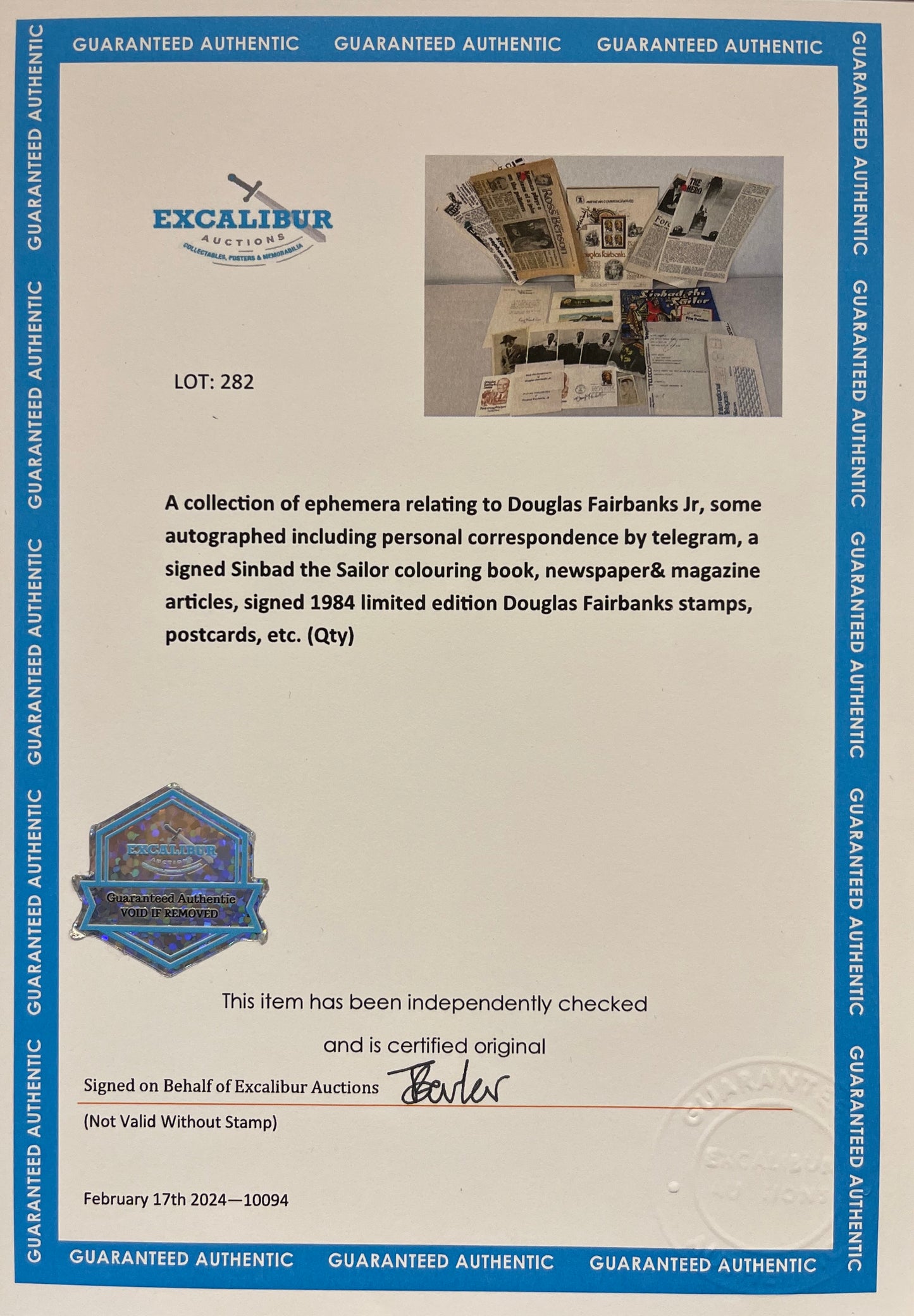 DOUGLAS FAIRBANKS JUNIOR FRAMED STAMP PRESENTATION WITH COA