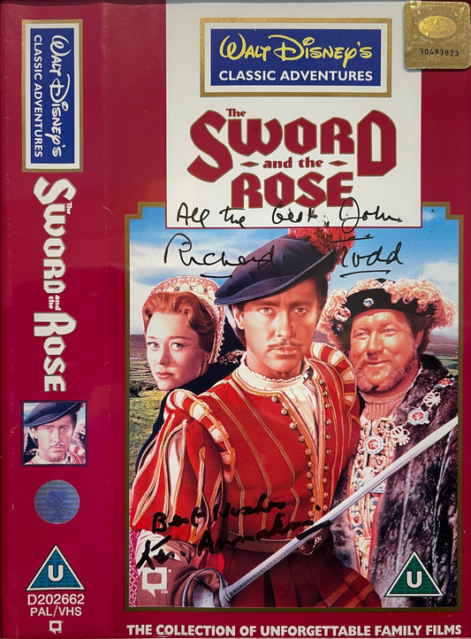 RICHARD TODD, HAND SIGNED 'THE SWORD AND THE ROSE' VIDEO COVER WITH COA