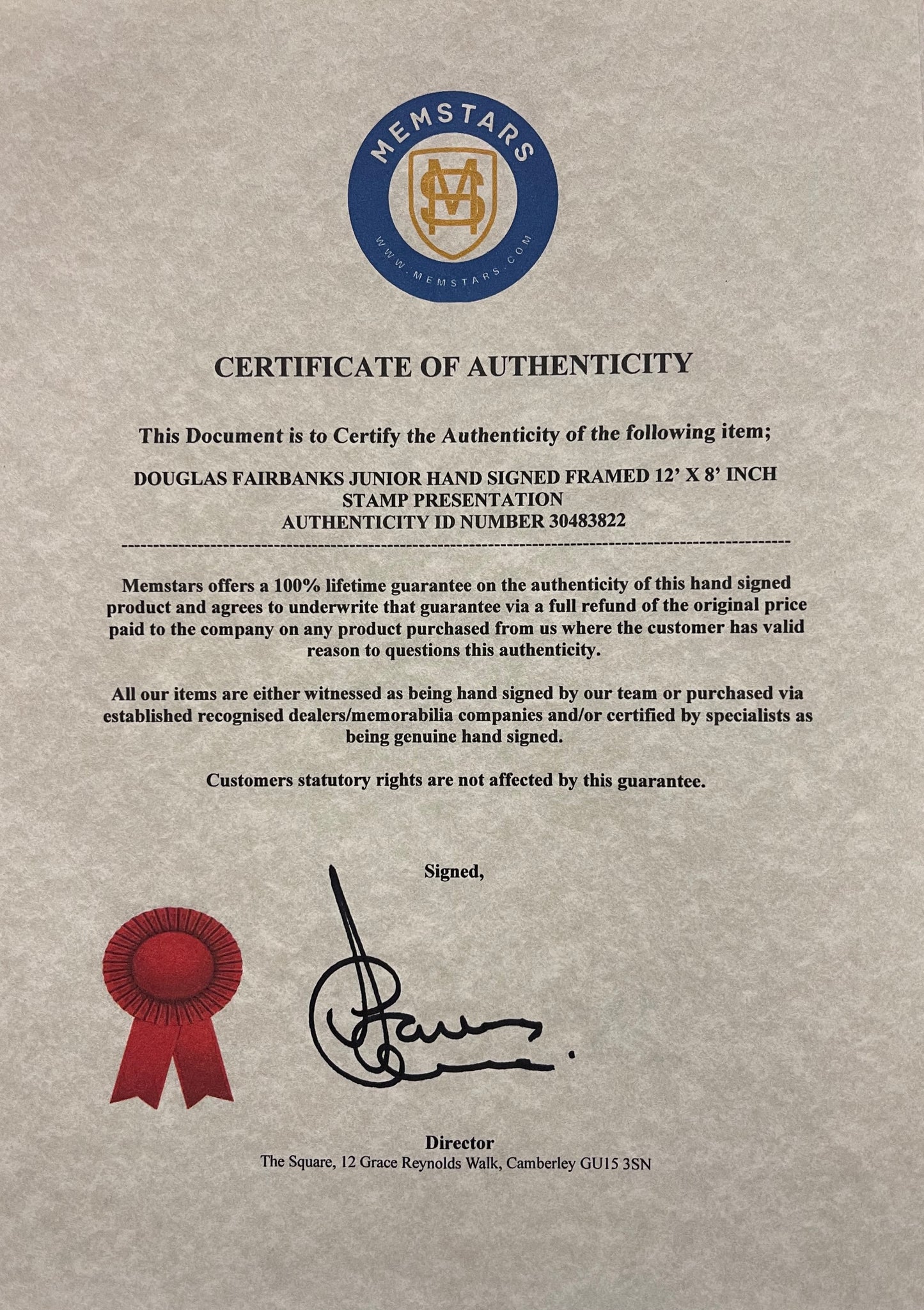 DOUGLAS FAIRBANKS JUNIOR FRAMED STAMP PRESENTATION WITH COA