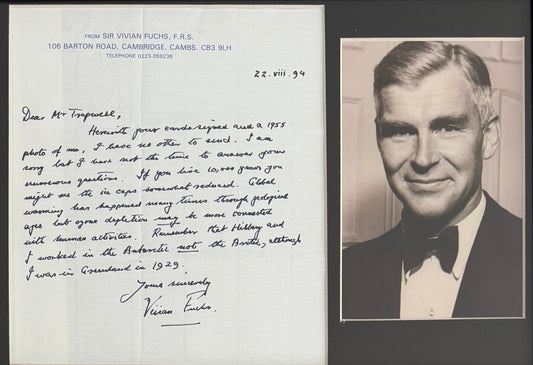 Sir Vivian Fuchs, British Explorer, Hand Signed Framed Letter, Photo & COA