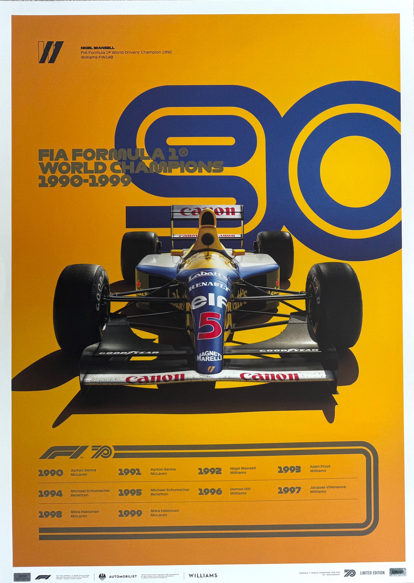 Nigel Mansell, Official Williams, Formula One, 70cm x 50cm Automobilist Poster