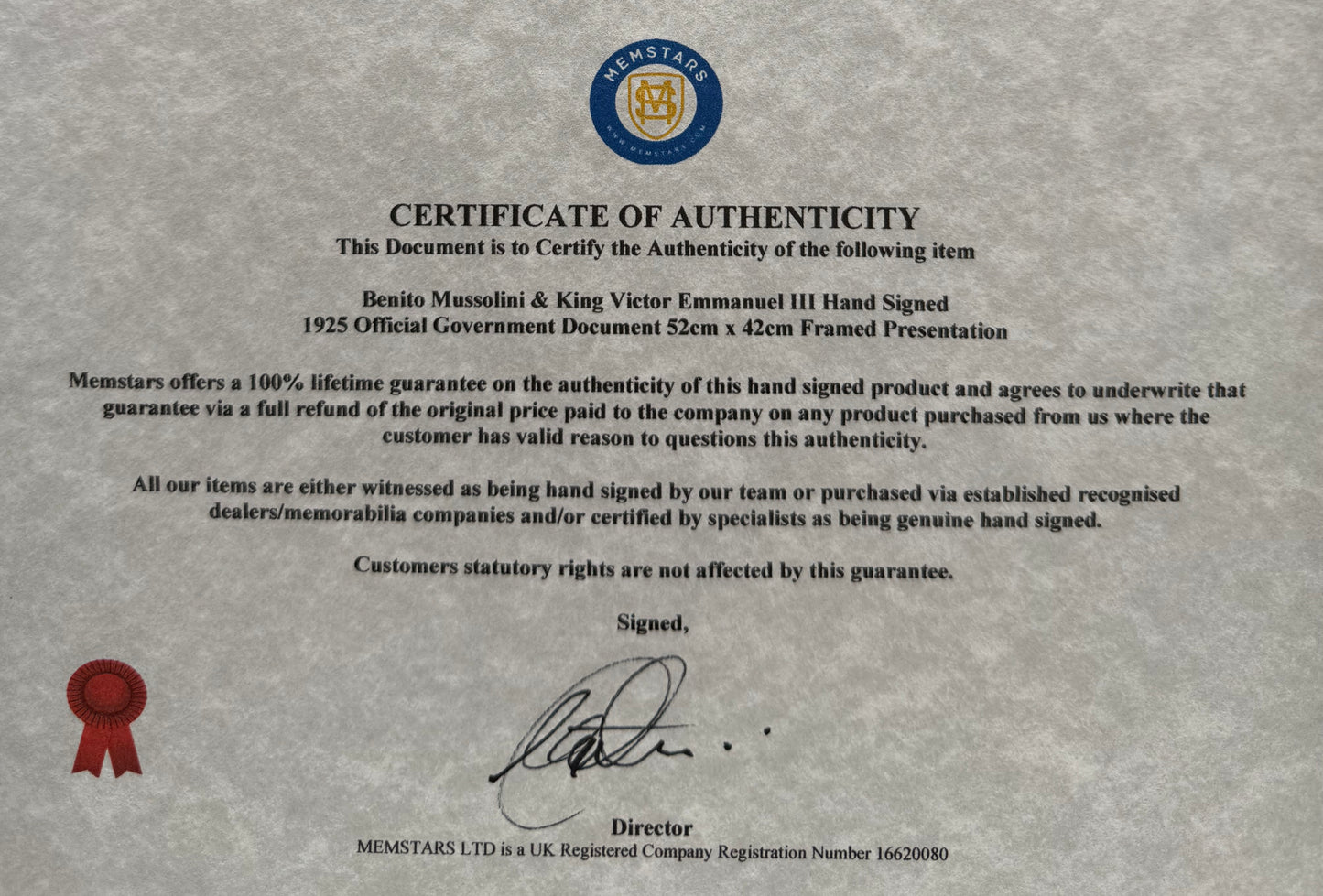 Benito Mussolini, Former Italian WWII Fascist Dictator, King Vitotio Emanuele III Hand Signed Warrant & COA