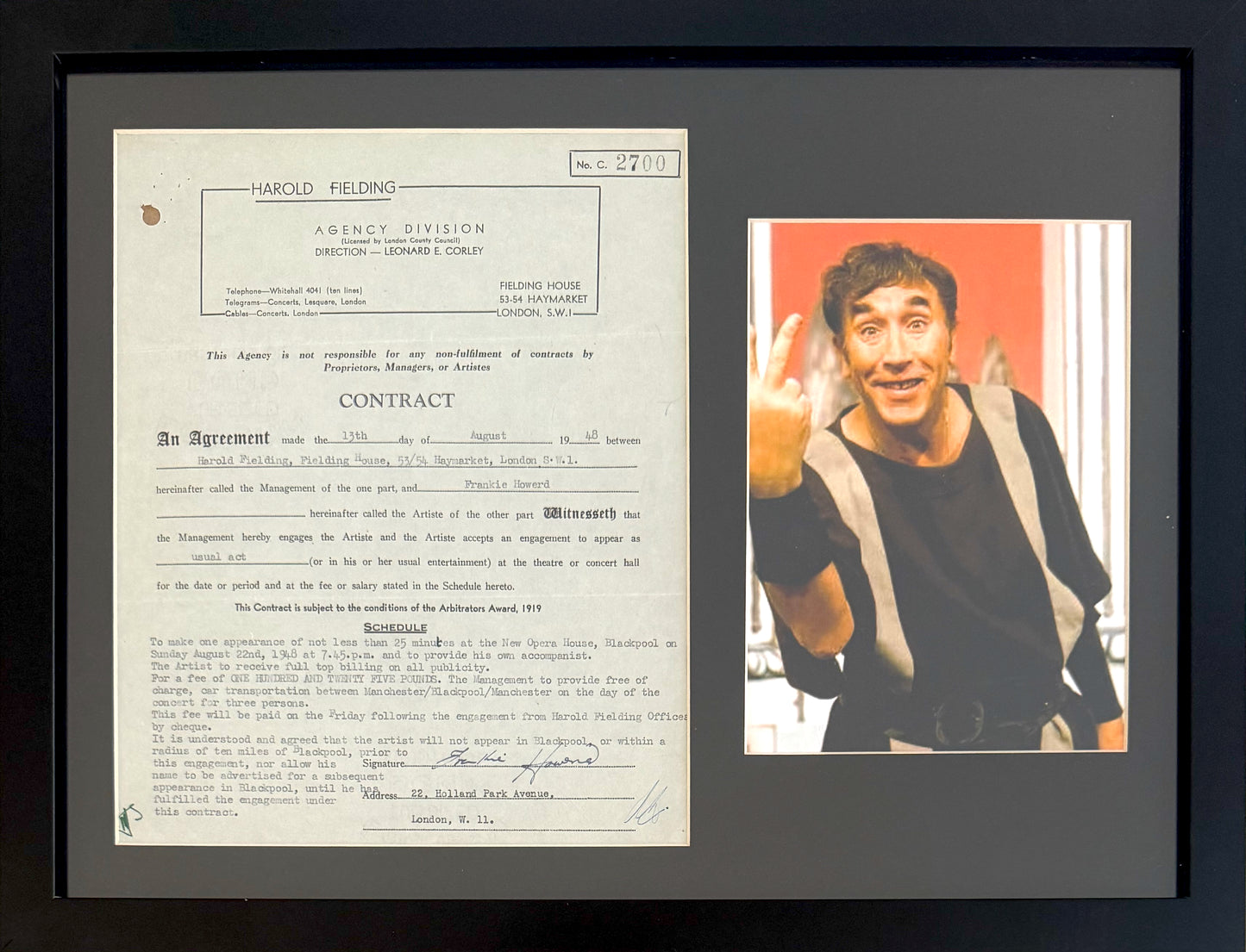 Frankie Howerd, Hand Signed Original Contract, 40cm x 30cm Presentation & COA